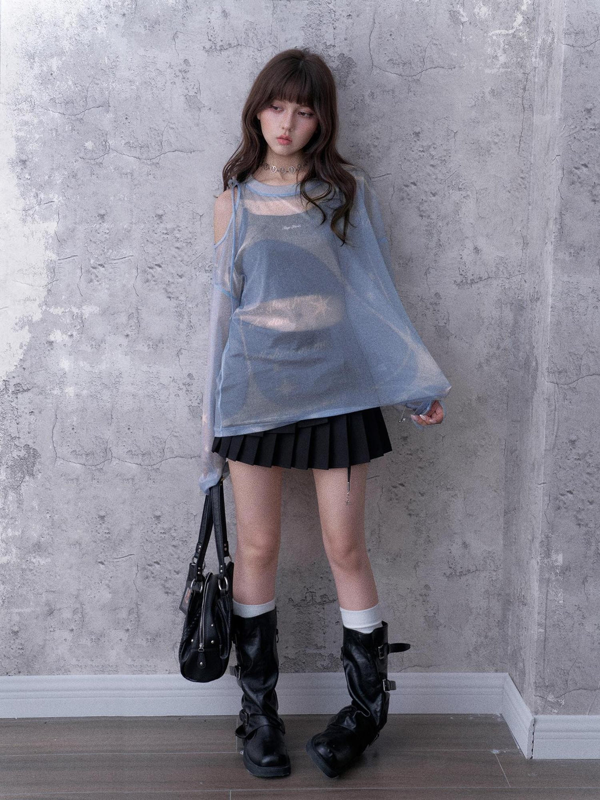 SagiDolls Shimmering Sheer Mesh Loose Fit Women's Polyester Long Sleeve T-shirts