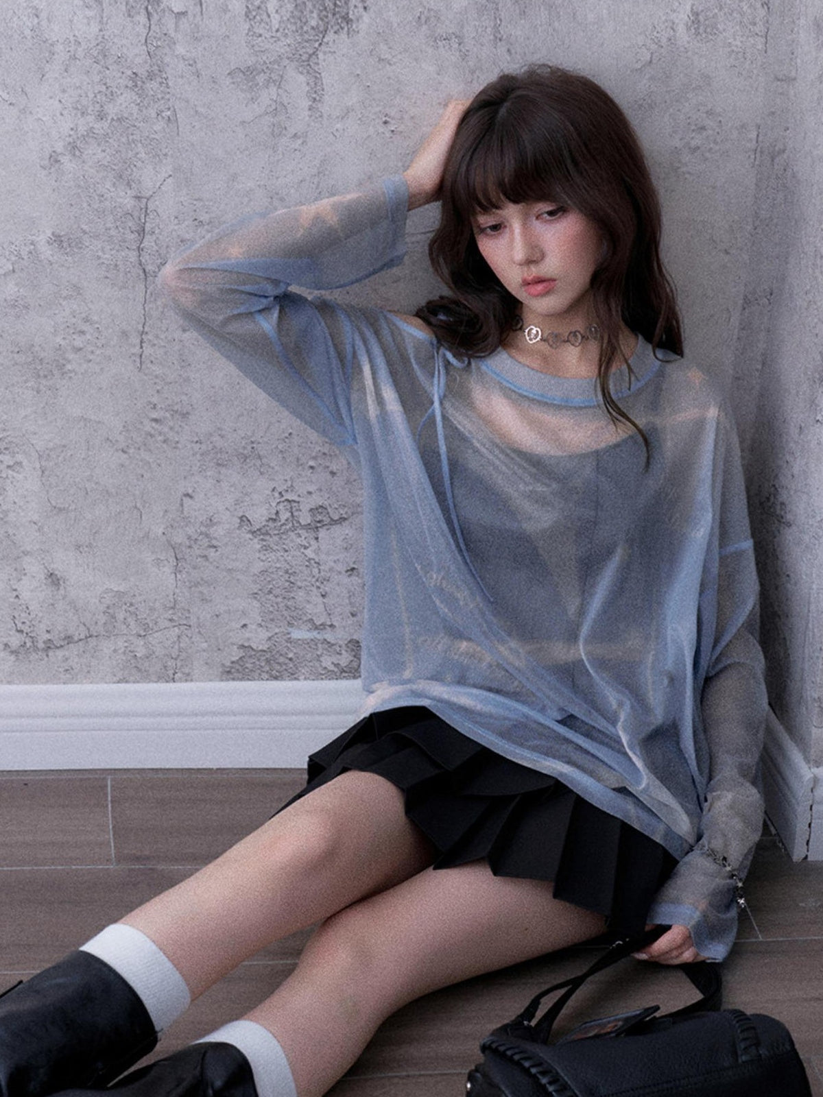 SagiDolls Shimmering Sheer Mesh Loose Fit Women's Polyester Long Sleeve T-shirts