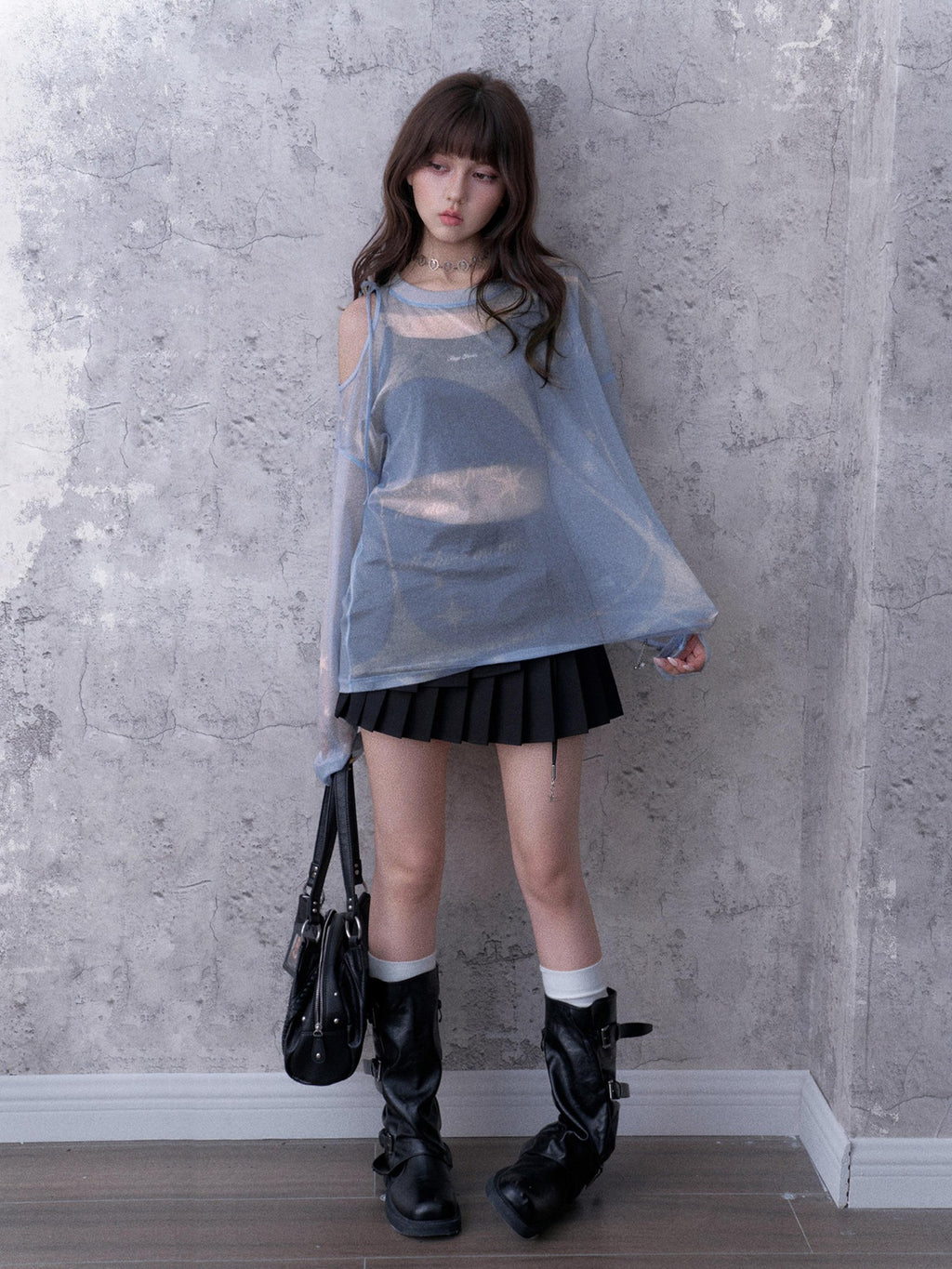 SagiDolls Shimmering Sheer Mesh Loose Fit Women's Polyester Long Sleeve T-shirts