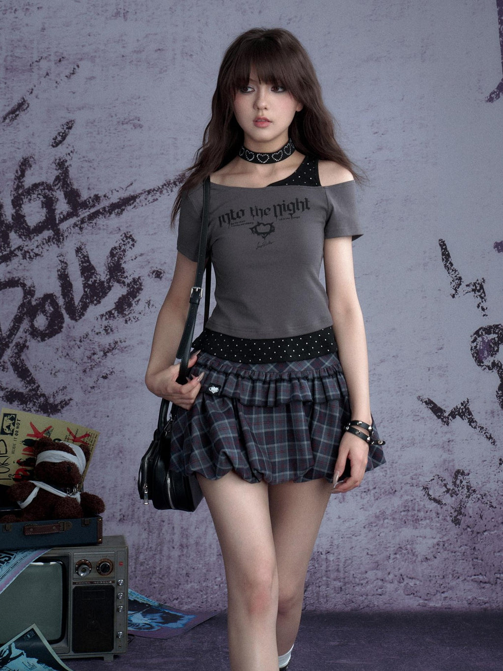 SagiDolls Silver Foil Polka Dot Asymmetric Slim Fit Printed Women's Off-shoulder T-shirts