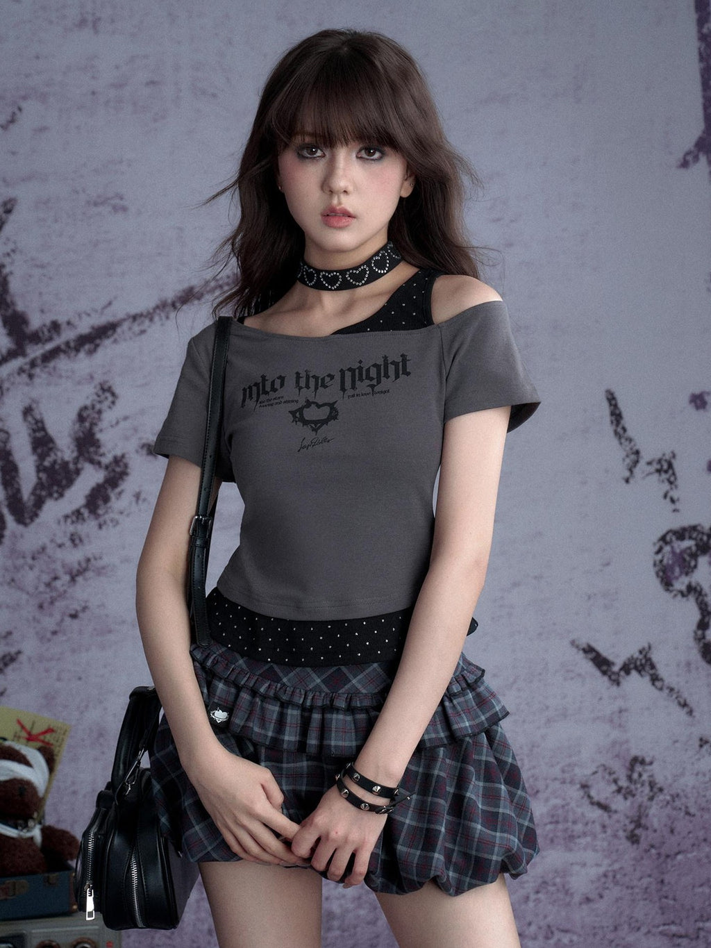 SagiDolls Silver Foil Polka Dot Asymmetric Slim Fit Printed Women's Off-shoulder T-shirts