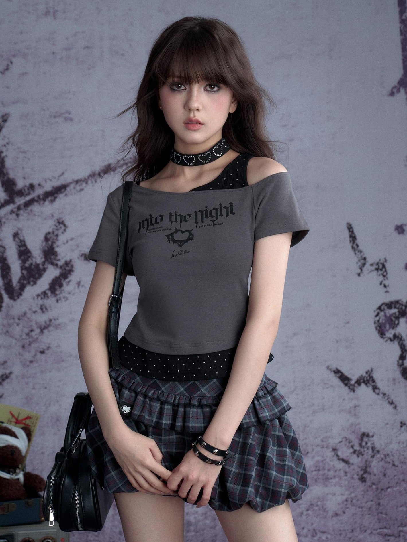 SagiDolls Silver Foil Polka Dot Asymmetric Slim Fit Printed Women's Off-shoulder T-shirts