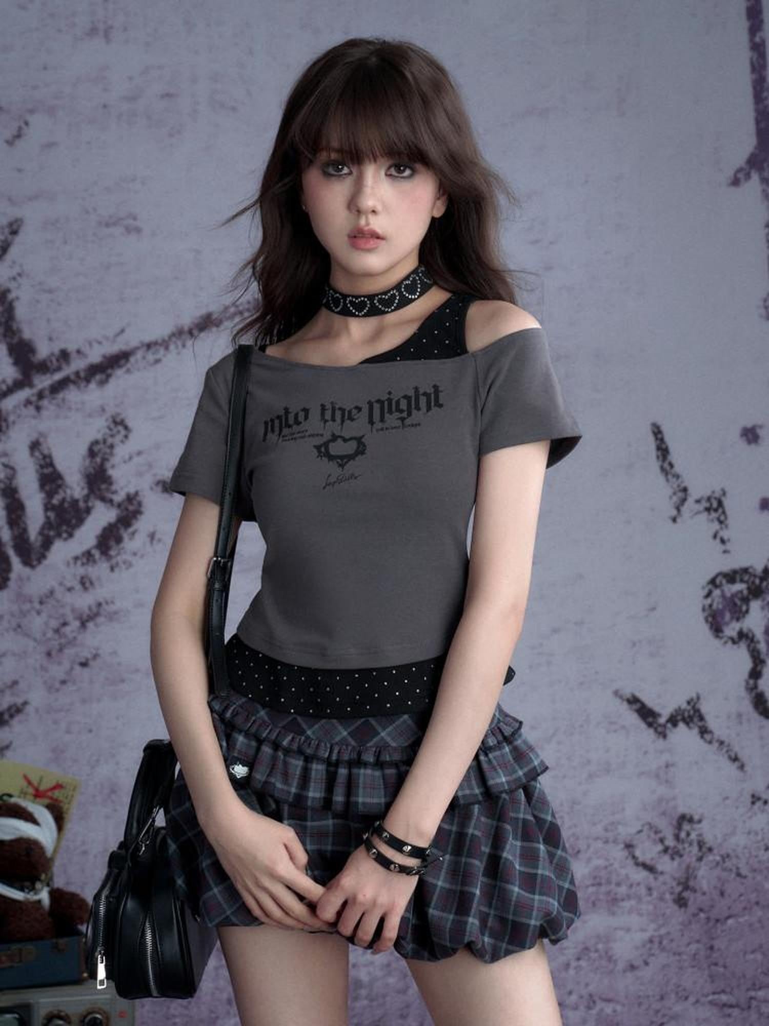 SagiDolls Silver Foil Polka Dot Asymmetric Slim Fit Printed Women's Off-shoulder T-shirts