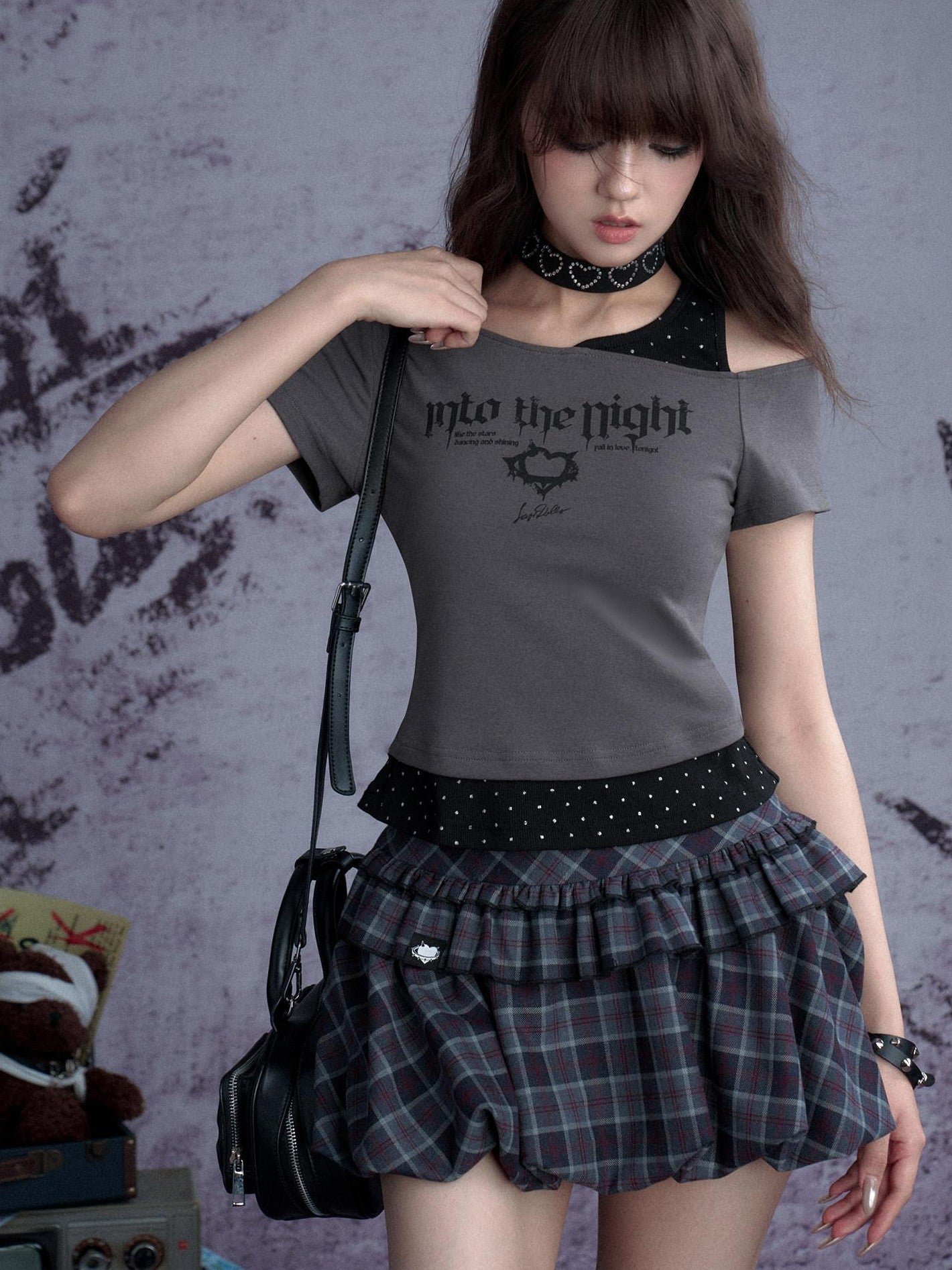 SagiDolls Silver Foil Polka Dot Asymmetric Slim Fit Printed Women's Off-shoulder T-shirts