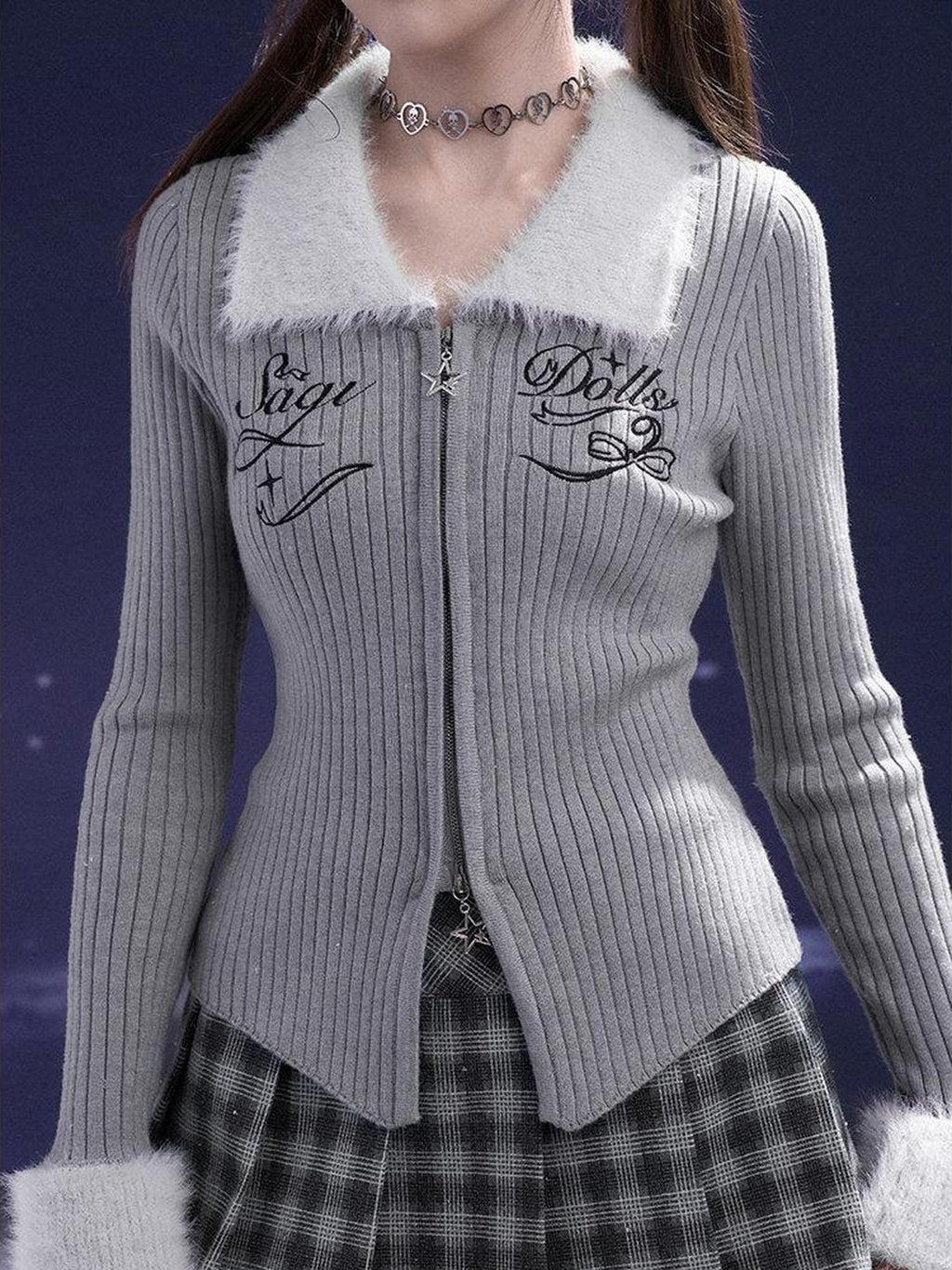 SagiDolls Silver Gray Distressed Knit Letter Zip Slim Women's Viscose Blend Cardigans