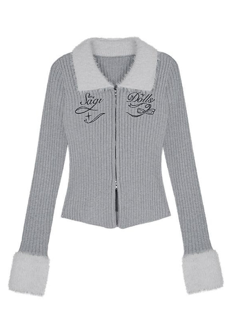 SagiDolls Silver Gray Distressed Knit Letter Zip Slim Women's Viscose Blend Cardigans