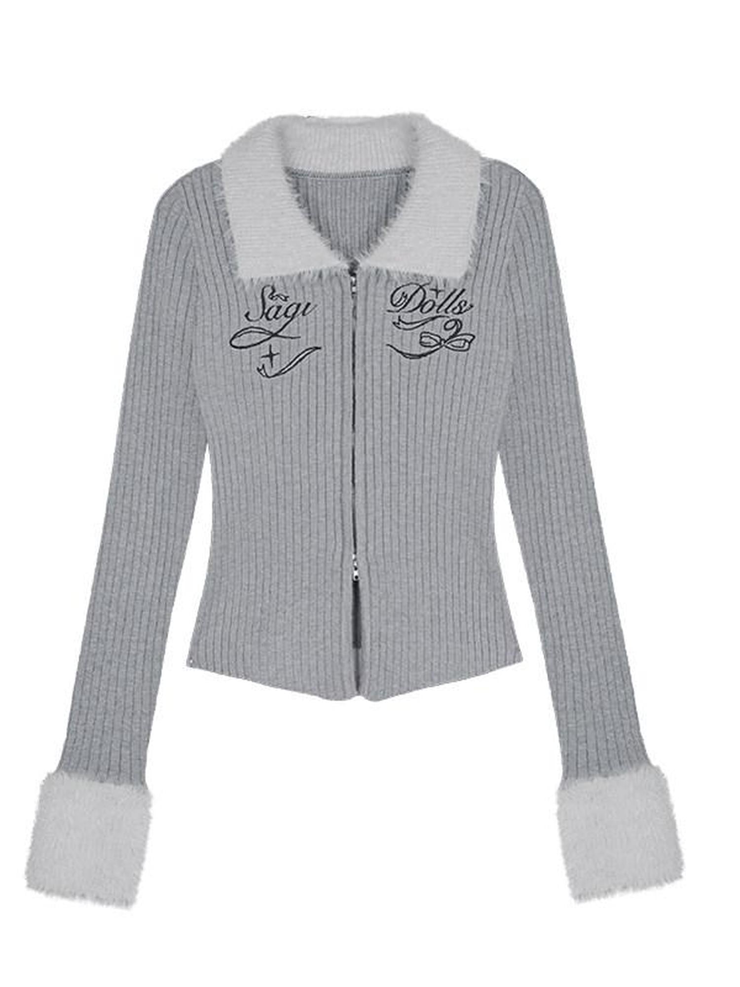 SagiDolls Silver Gray Distressed Knit Letter Zip Slim Women's Viscose Blend Cardigans