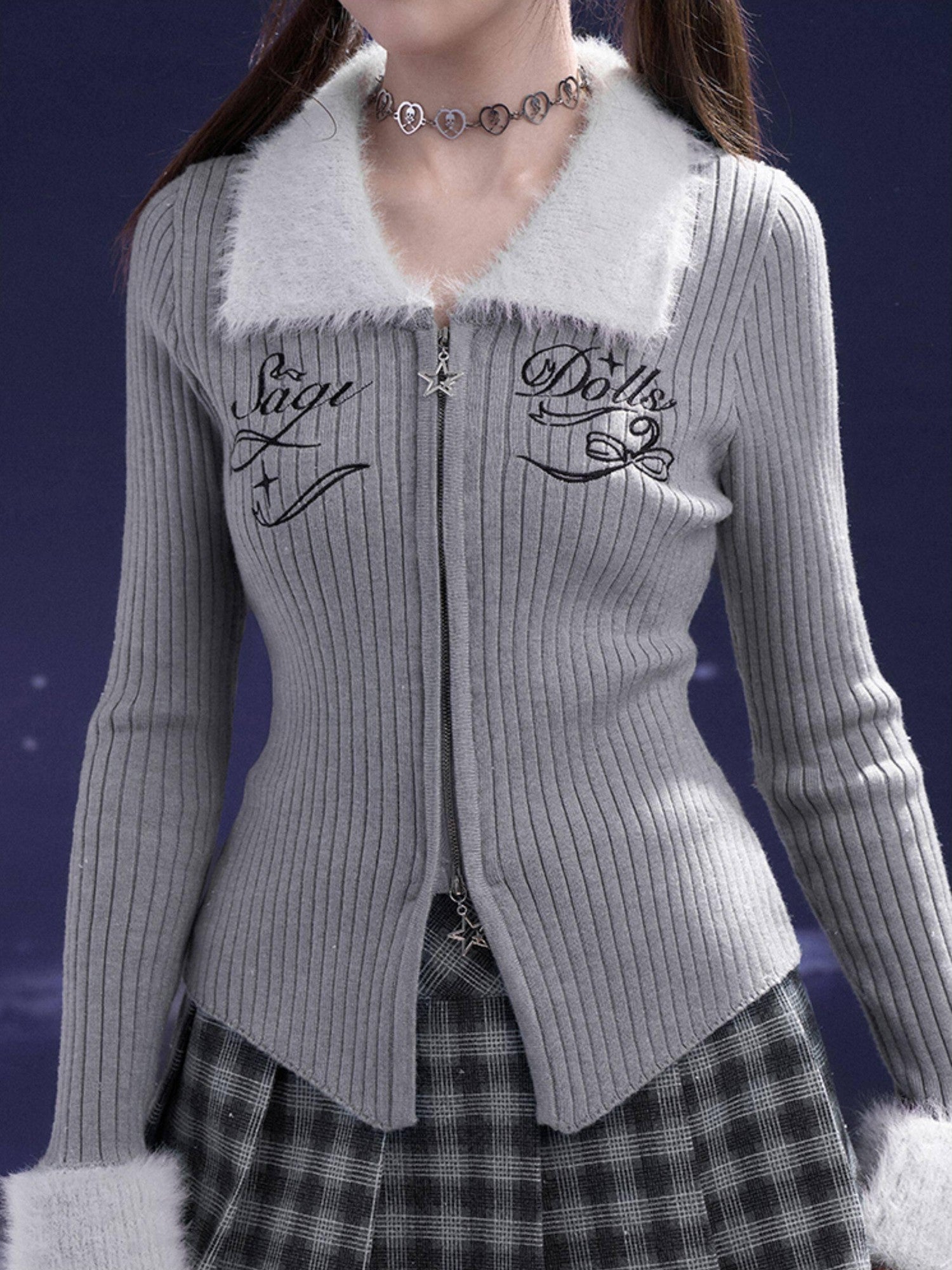 SagiDolls Silver Gray Distressed Knit Letter Zip Slim Women's Viscose Blend Cardigans