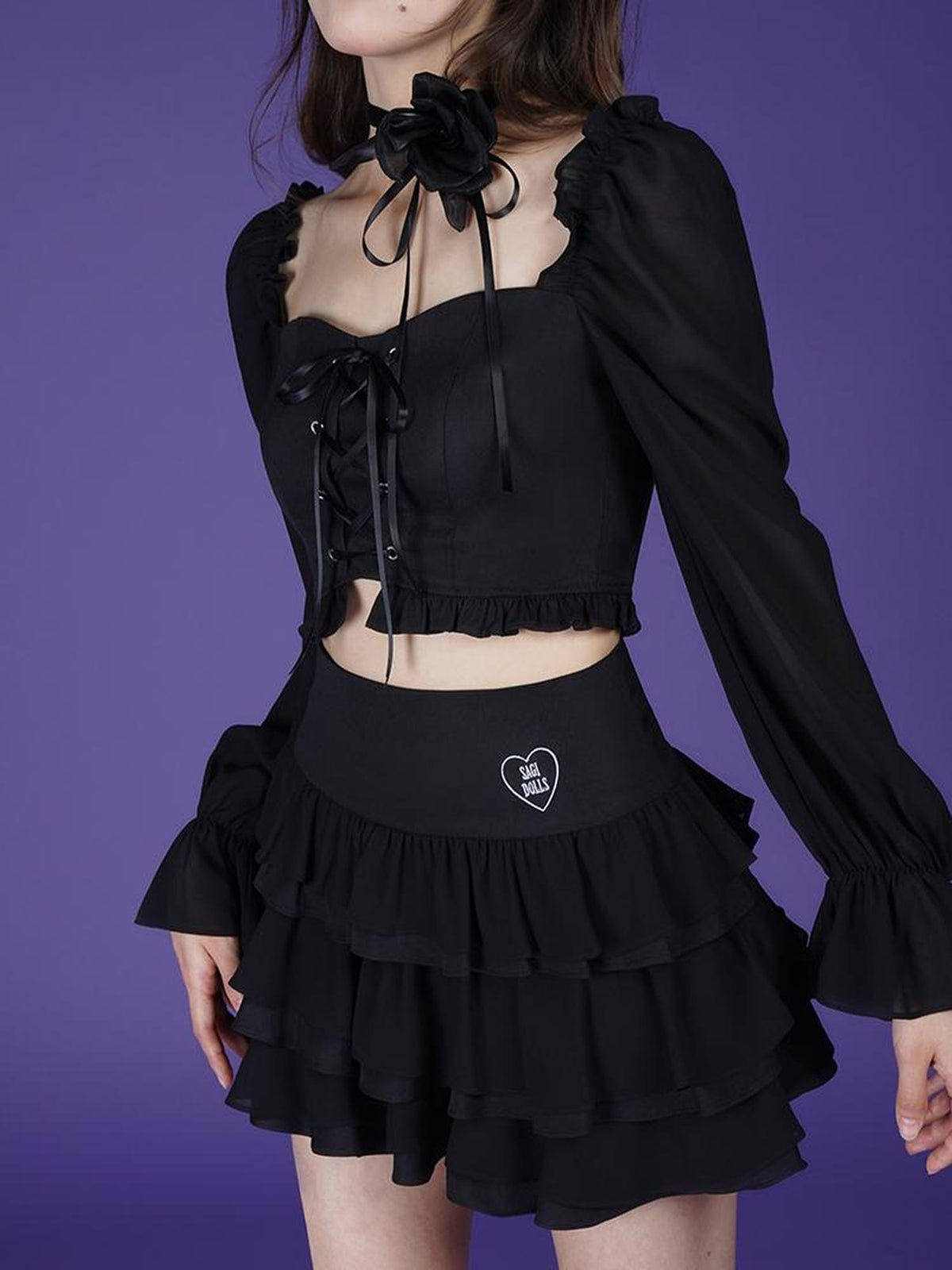 SagiDolls Slimming Black Romantic Sweet Two Piece Women's Polyester Matching Skirt Sets