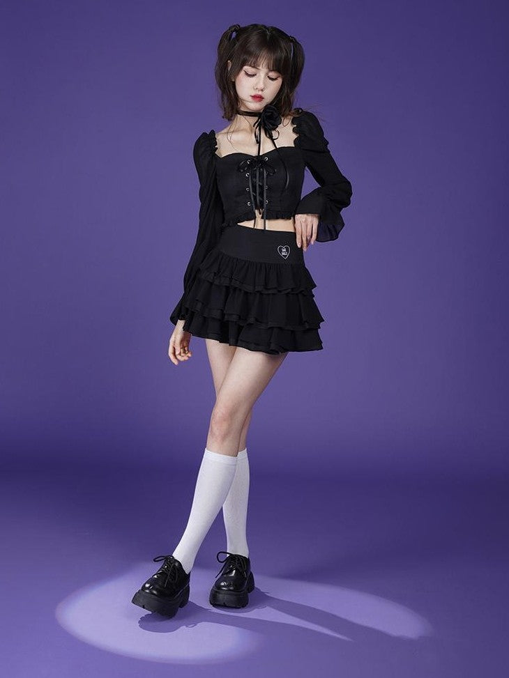 SagiDolls Slimming Black Romantic Sweet Two Piece Women's Polyester Matching Skirt Sets