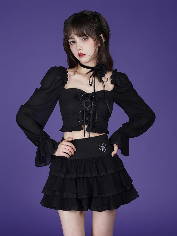 SagiDolls Slimming Black Romantic Sweet Two Piece Women's Polyester Matching Skirt Sets