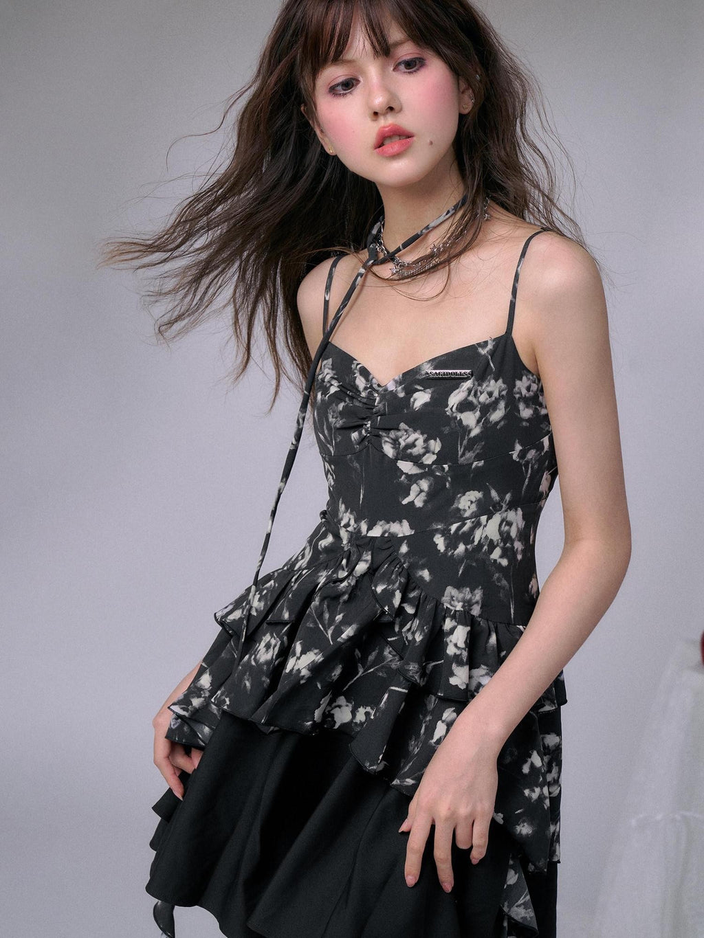 SagiDolls Smoky Rose Black Floral Double Layer High Waist Women's Slip Mini Dresses