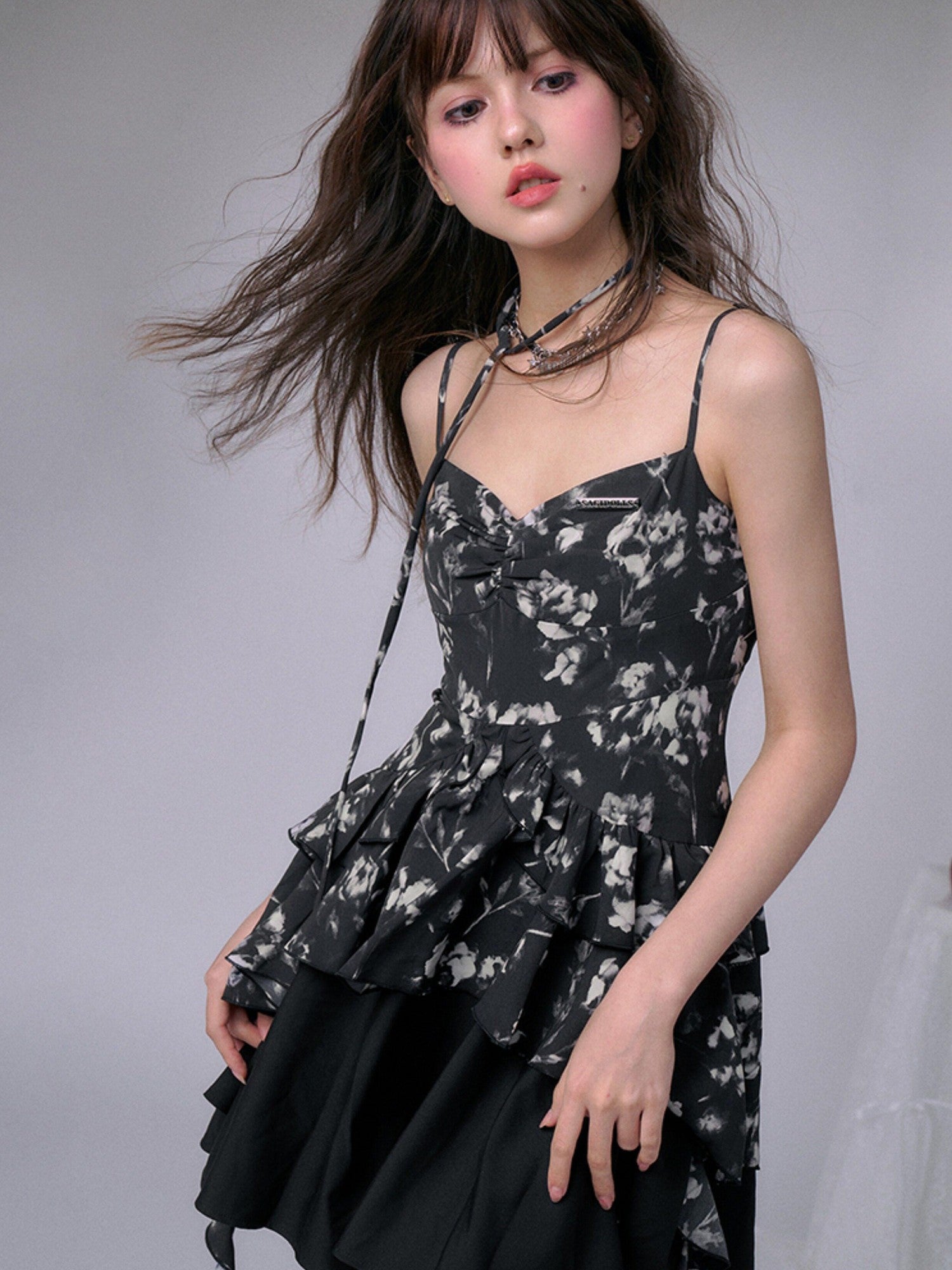 SagiDolls Smoky Rose Black Floral Double Layer High Waist Women's Slip Mini Dresses