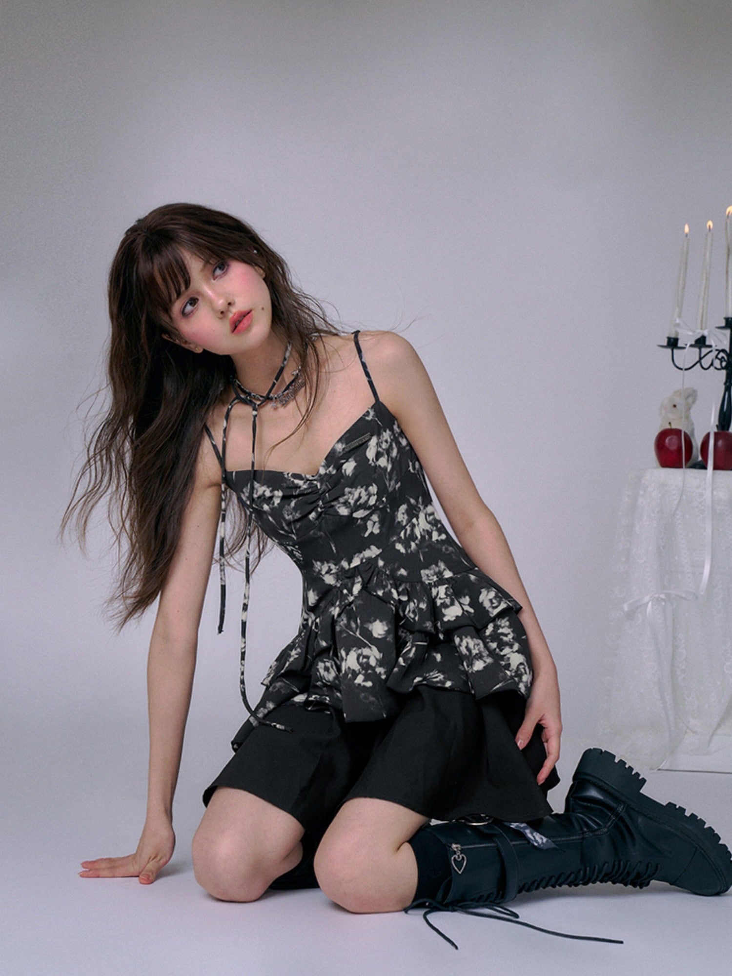 SagiDolls Smoky Rose Black Floral Double Layer High Waist Women's Slip Mini Dresses