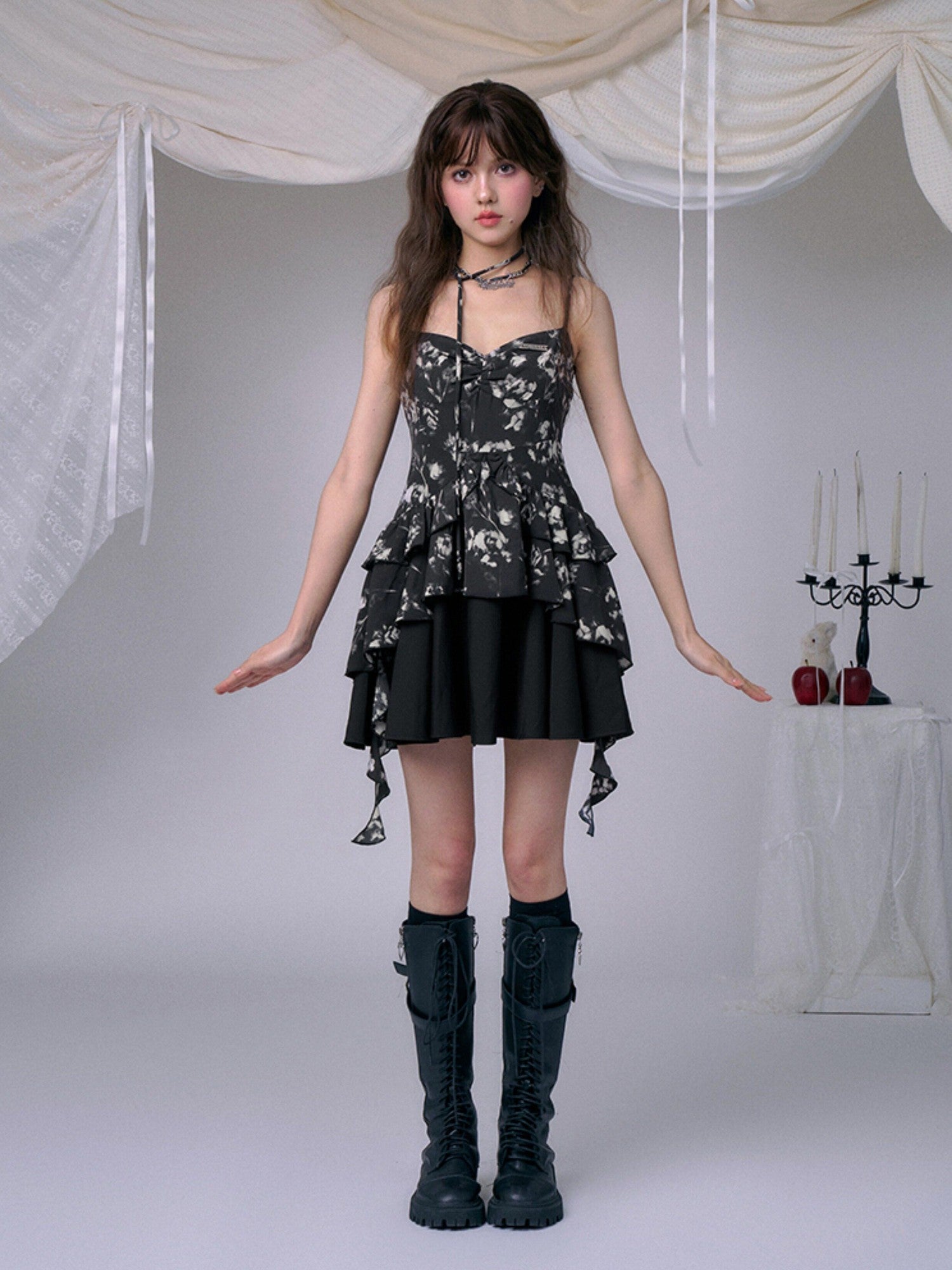 SagiDolls Smoky Rose Black Floral Double Layer High Waist Women's Slip Mini Dresses