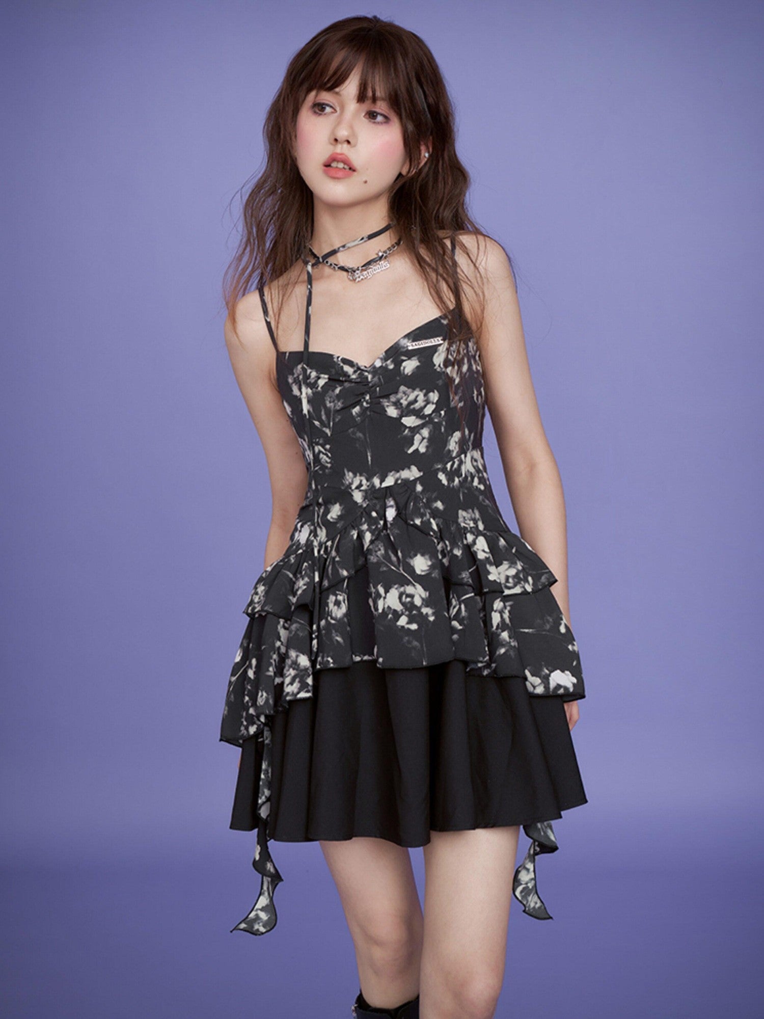 SagiDolls Smoky Rose Black Floral Double Layer High Waist Women's Slip Mini Dresses