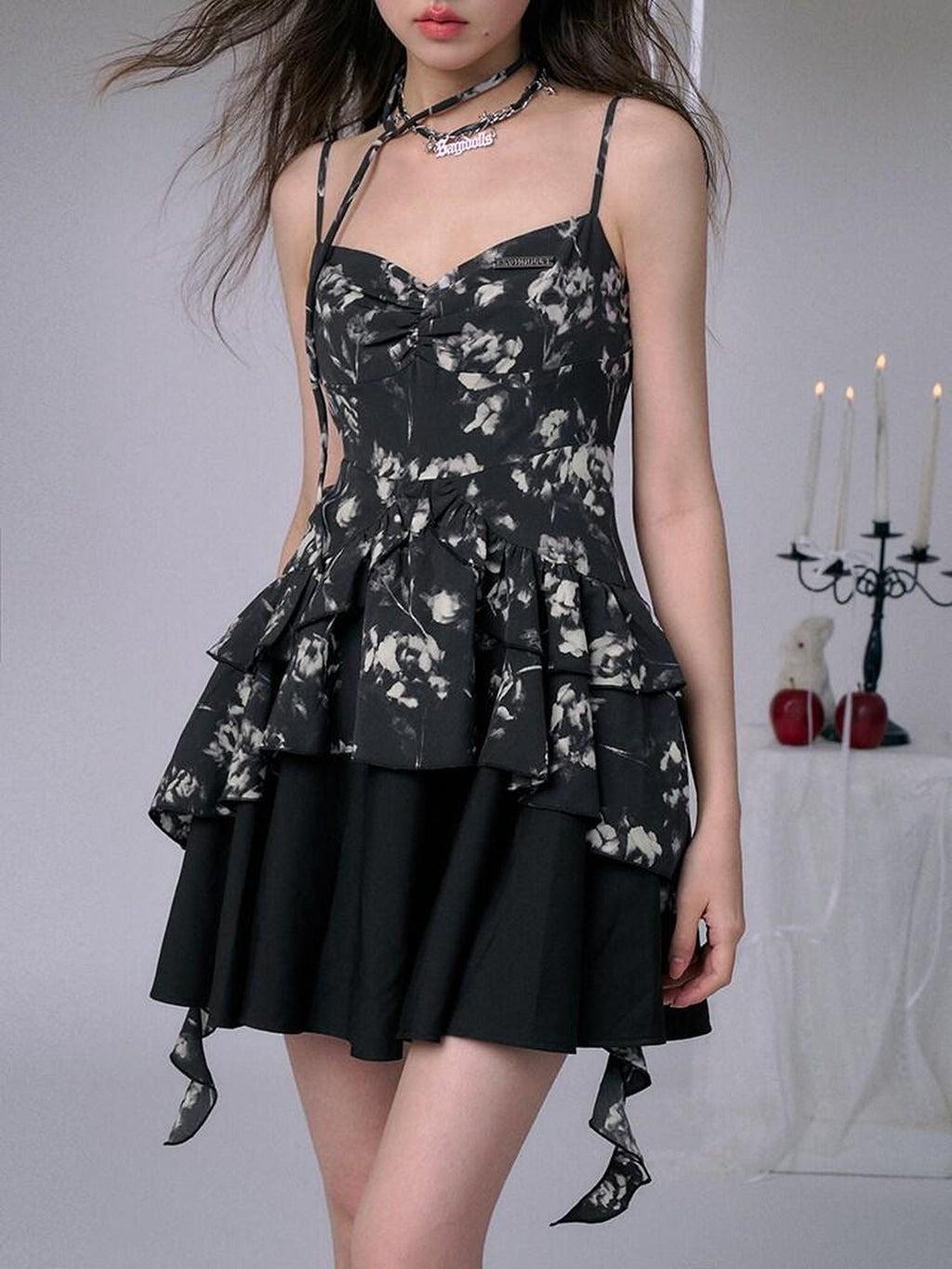 SagiDolls Smoky Rose Black Floral Double Layer High Waist Women's Slip Mini Dresses