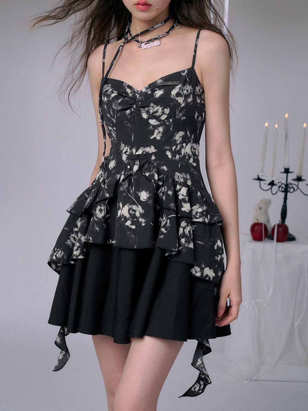 SagiDolls Smoky Rose Black Floral Double Layer High Waist Women's Slip Mini Dresses