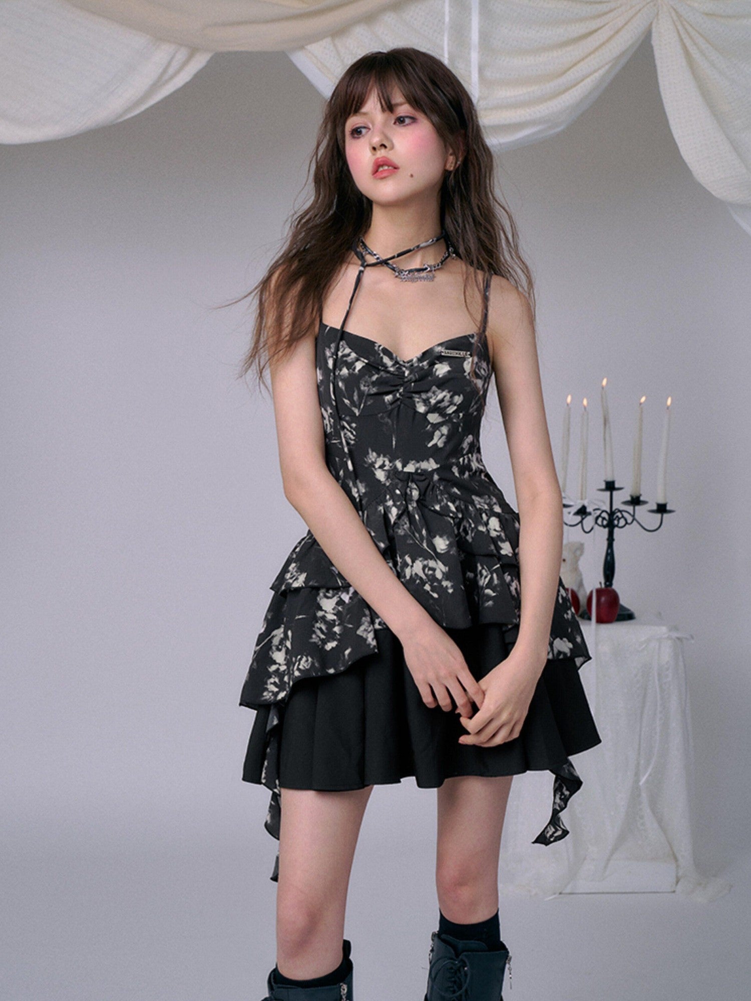 SagiDolls Smoky Rose Black Floral Double Layer High Waist Women's Slip Mini Dresses
