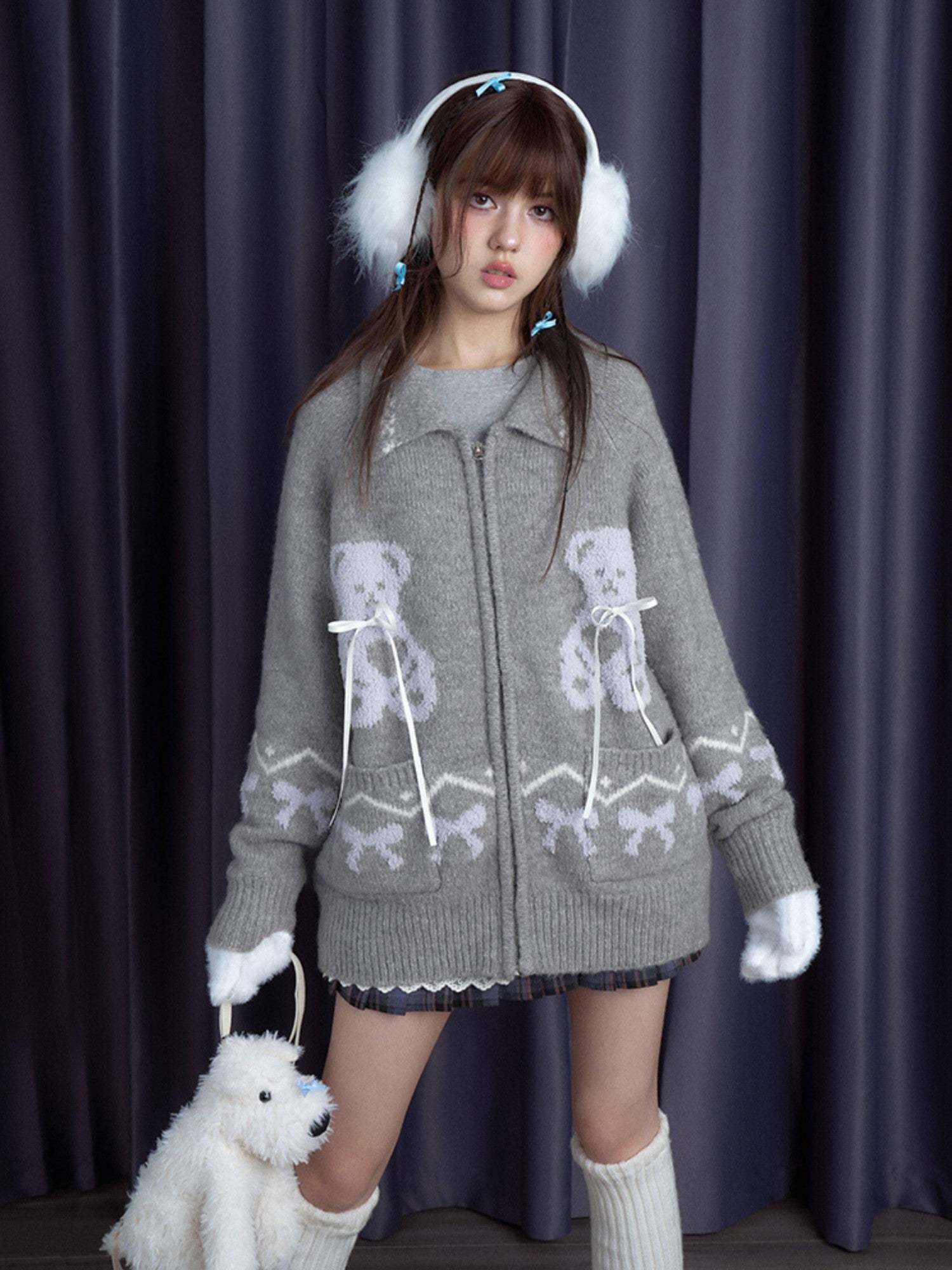 SagiDolls Snowflake Gray Bear Jacquard Bow Pocket Zip Polo Women's Acrylic Sweaters