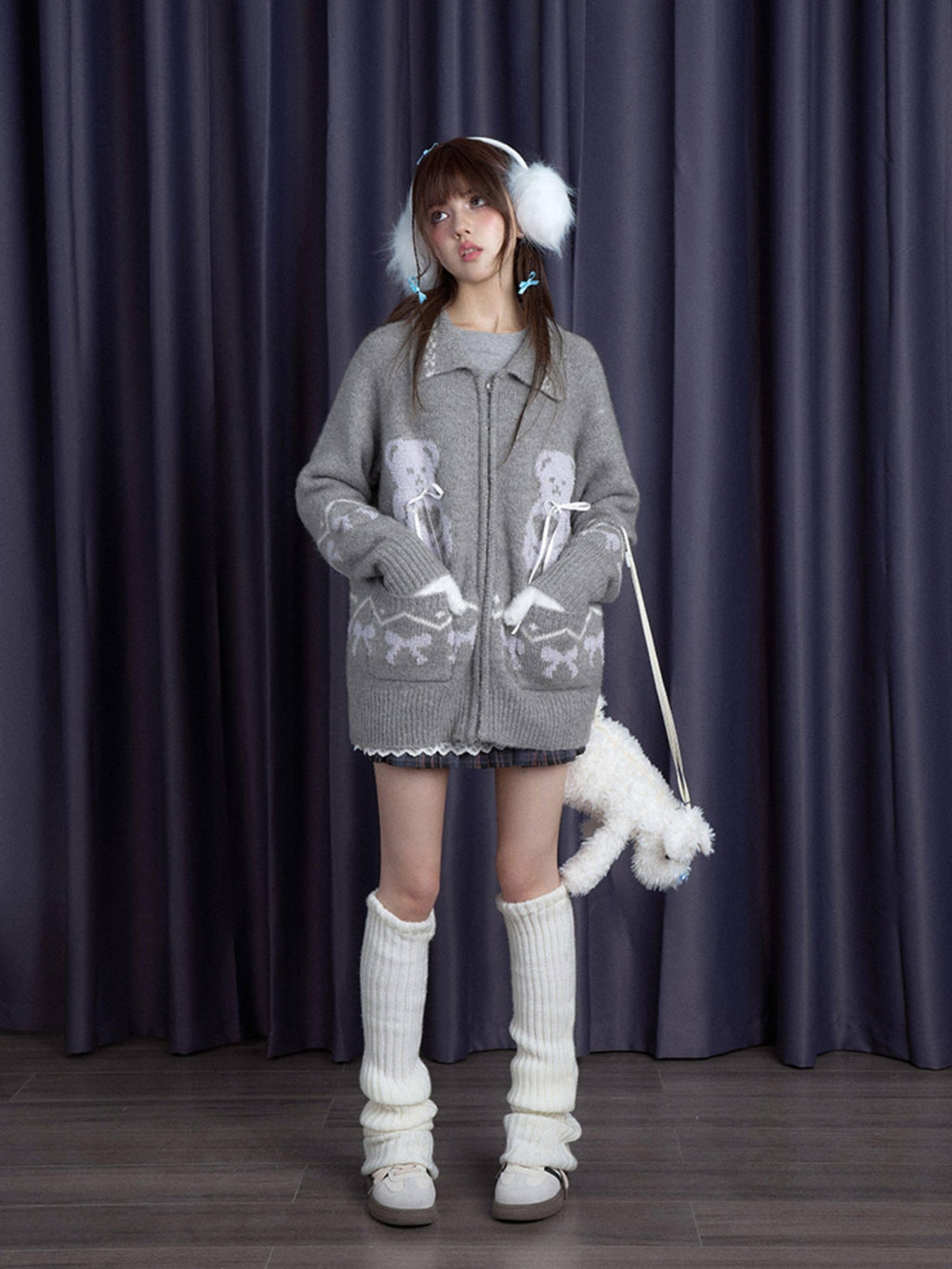 SagiDolls Snowflake Gray Bear Jacquard Bow Pocket Zip Polo Women's Acrylic Sweaters