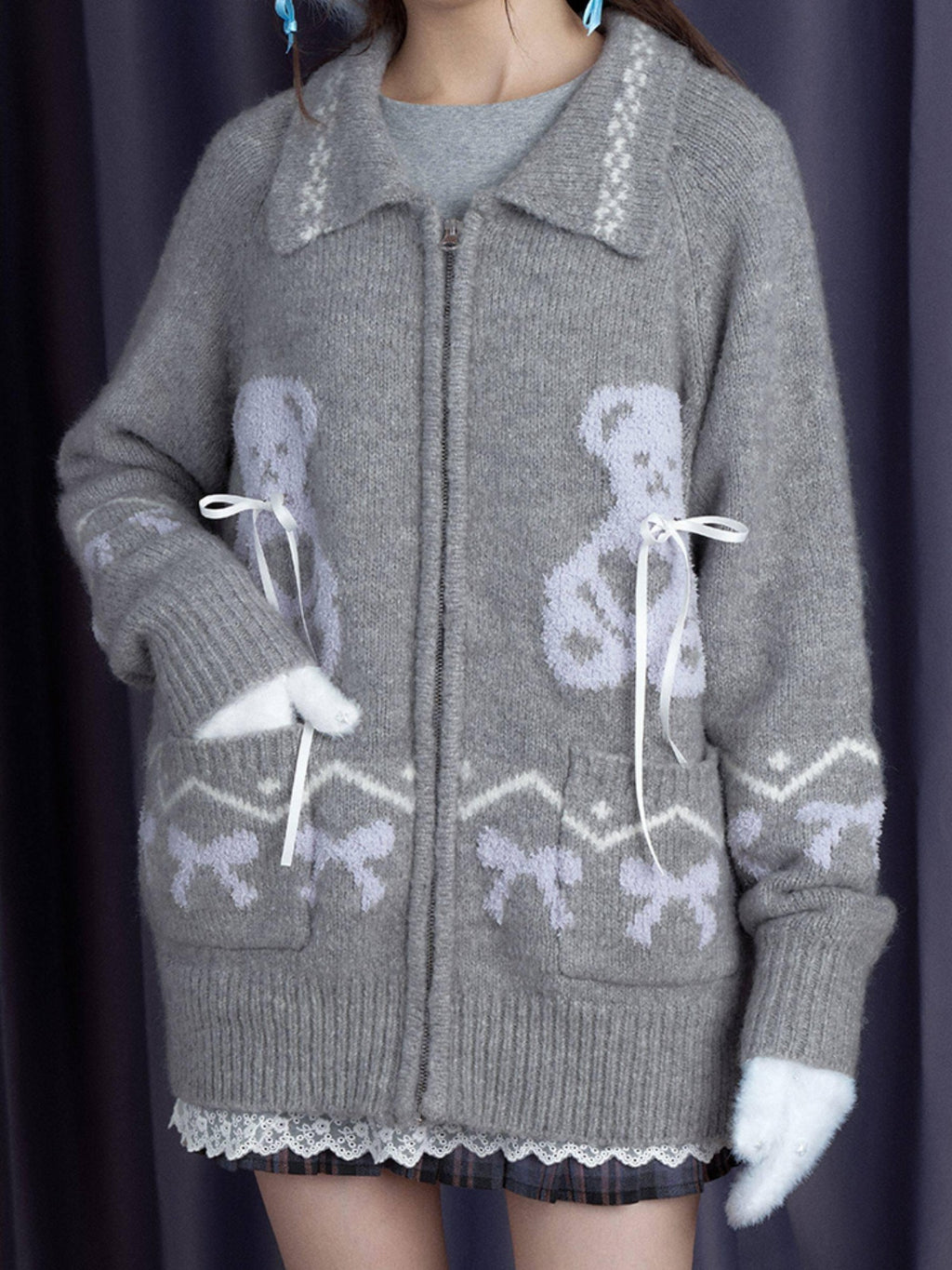 SagiDolls Snowflake Gray Bear Jacquard Bow Pocket Zip Polo Women's Acrylic Sweaters
