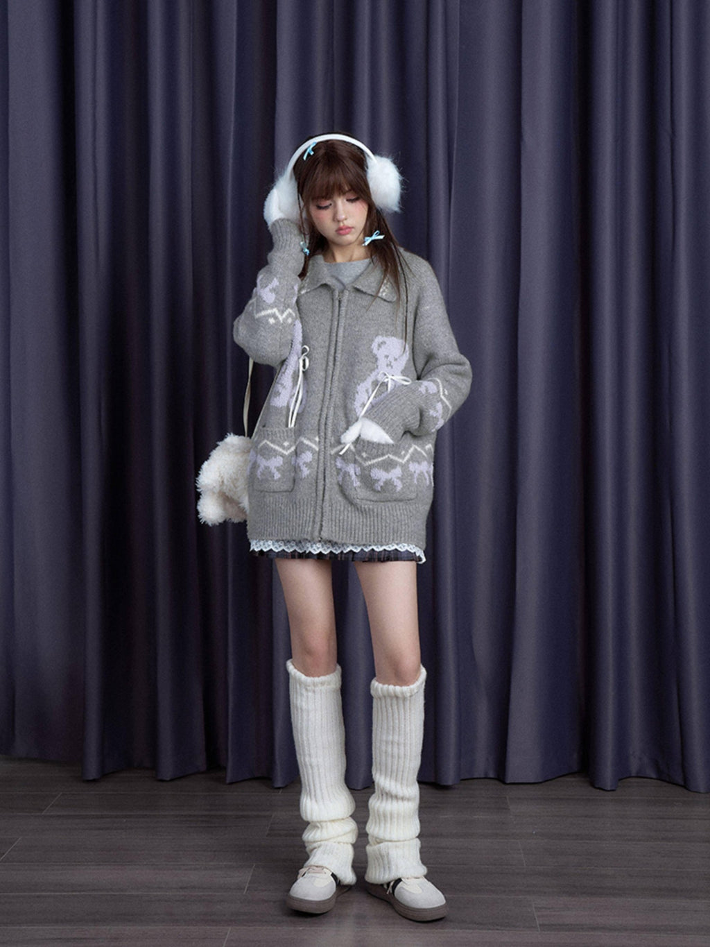 SagiDolls Snowflake Gray Bear Jacquard Bow Pocket Zip Polo Women's Acrylic Sweaters