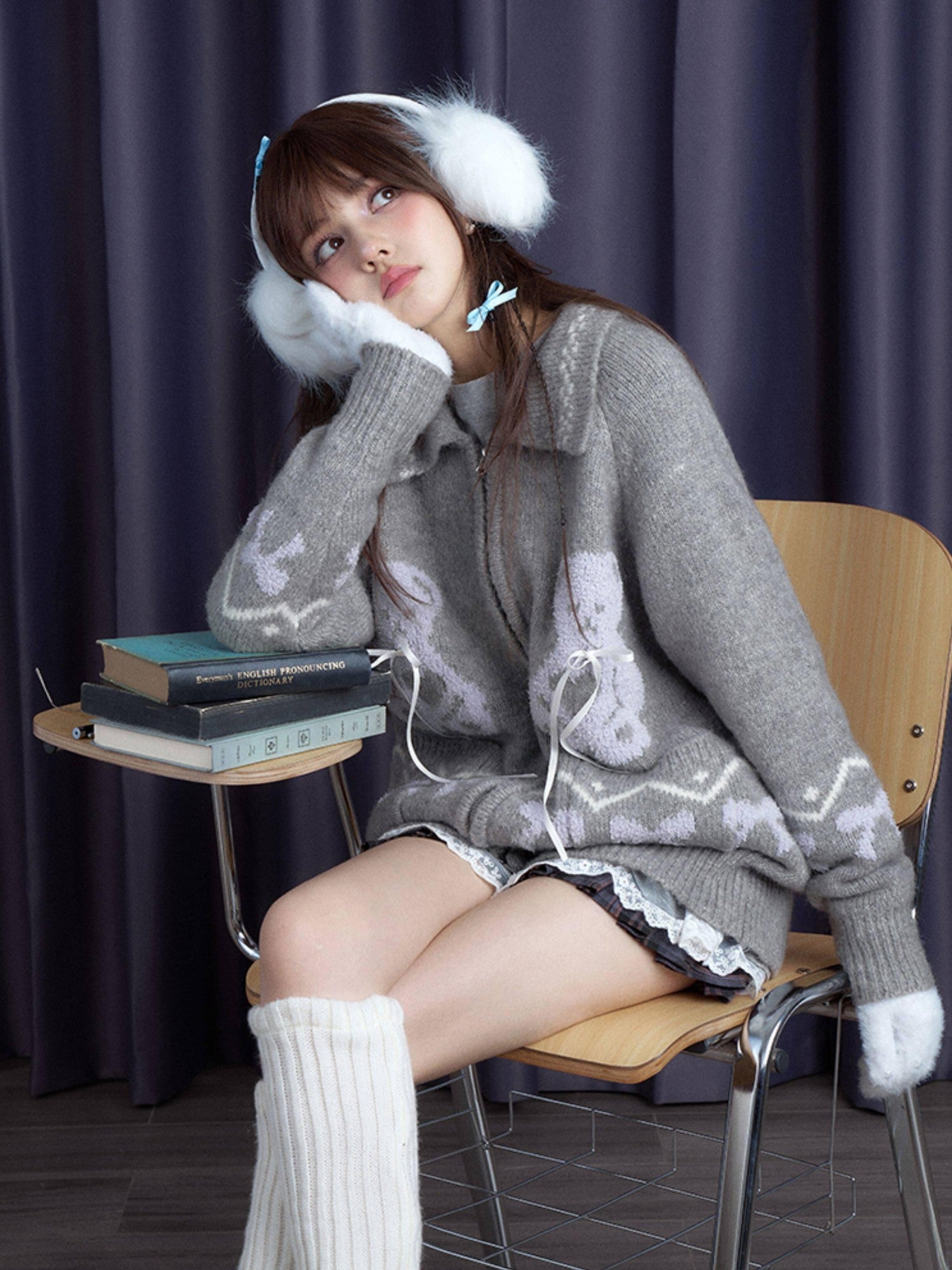 SagiDolls Snowflake Gray Bear Jacquard Bow Pocket Zip Polo Women's Acrylic Sweaters