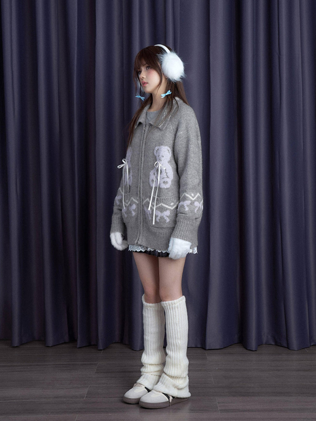 SagiDolls Snowflake Gray Bear Jacquard Bow Pocket Zip Polo Women's Acrylic Sweaters