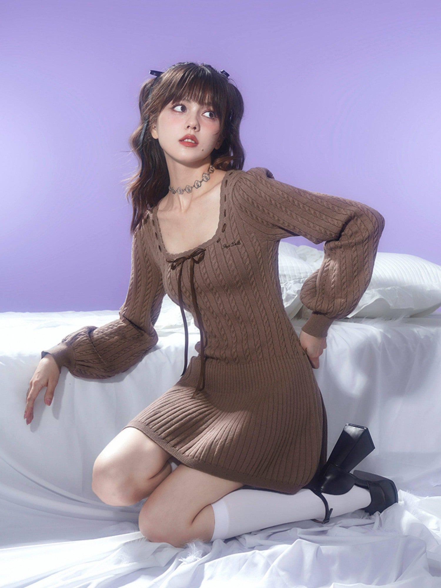 SagiDolls Square Neck Puff Sleeve Brown High Waist Women's Knit Corset Mini Dresses