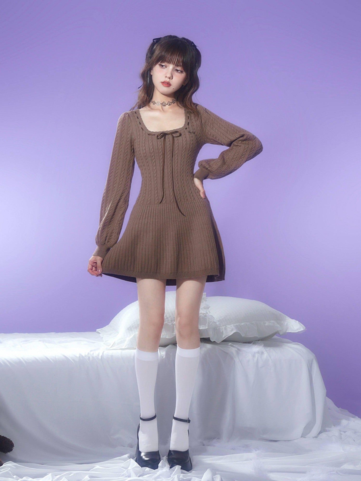 SagiDolls Square Neck Puff Sleeve Brown High Waist Women's Knit Corset Mini Dresses