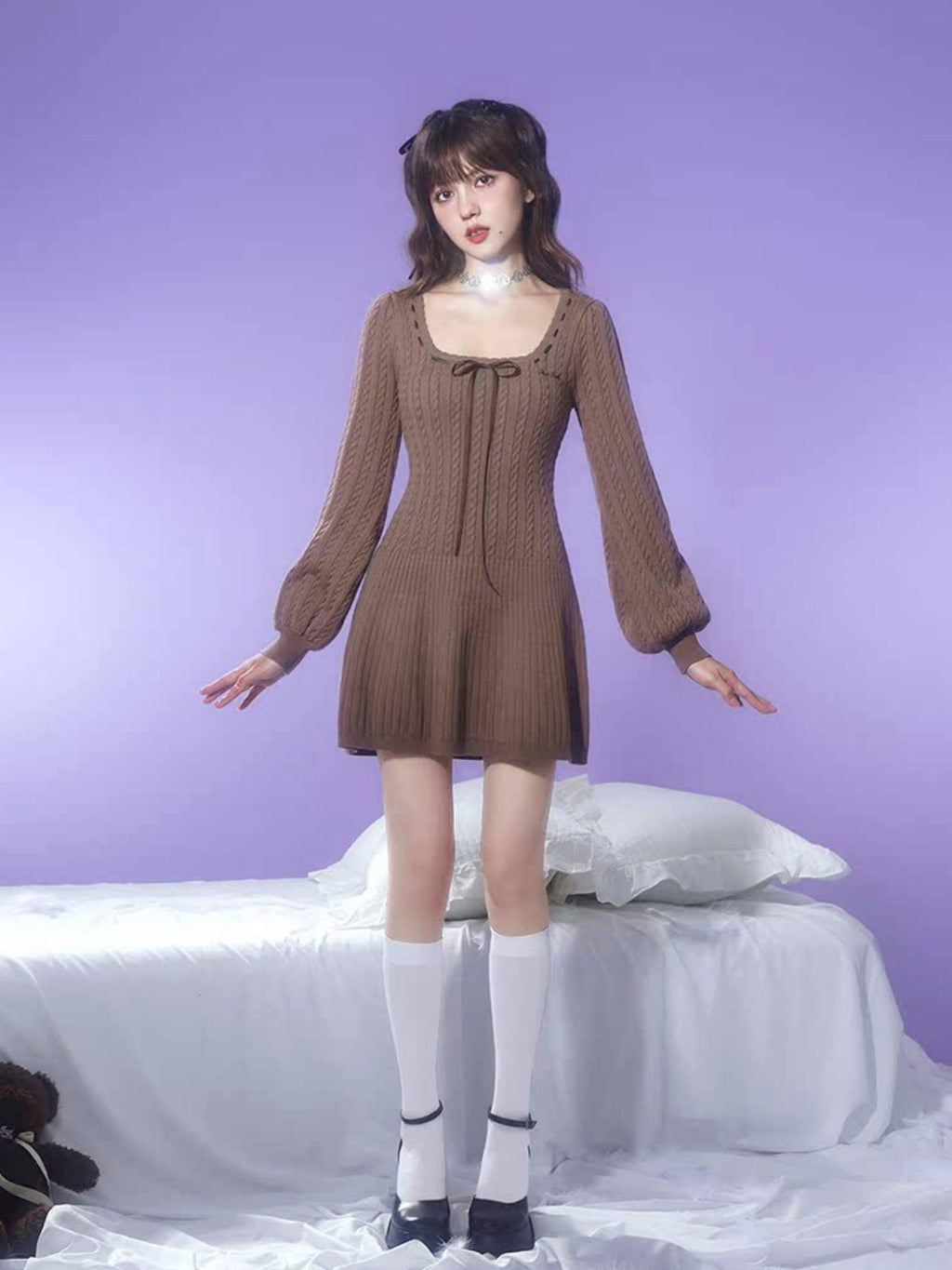 SagiDolls Square Neck Puff Sleeve Brown High Waist Women's Knit Corset Mini Dresses