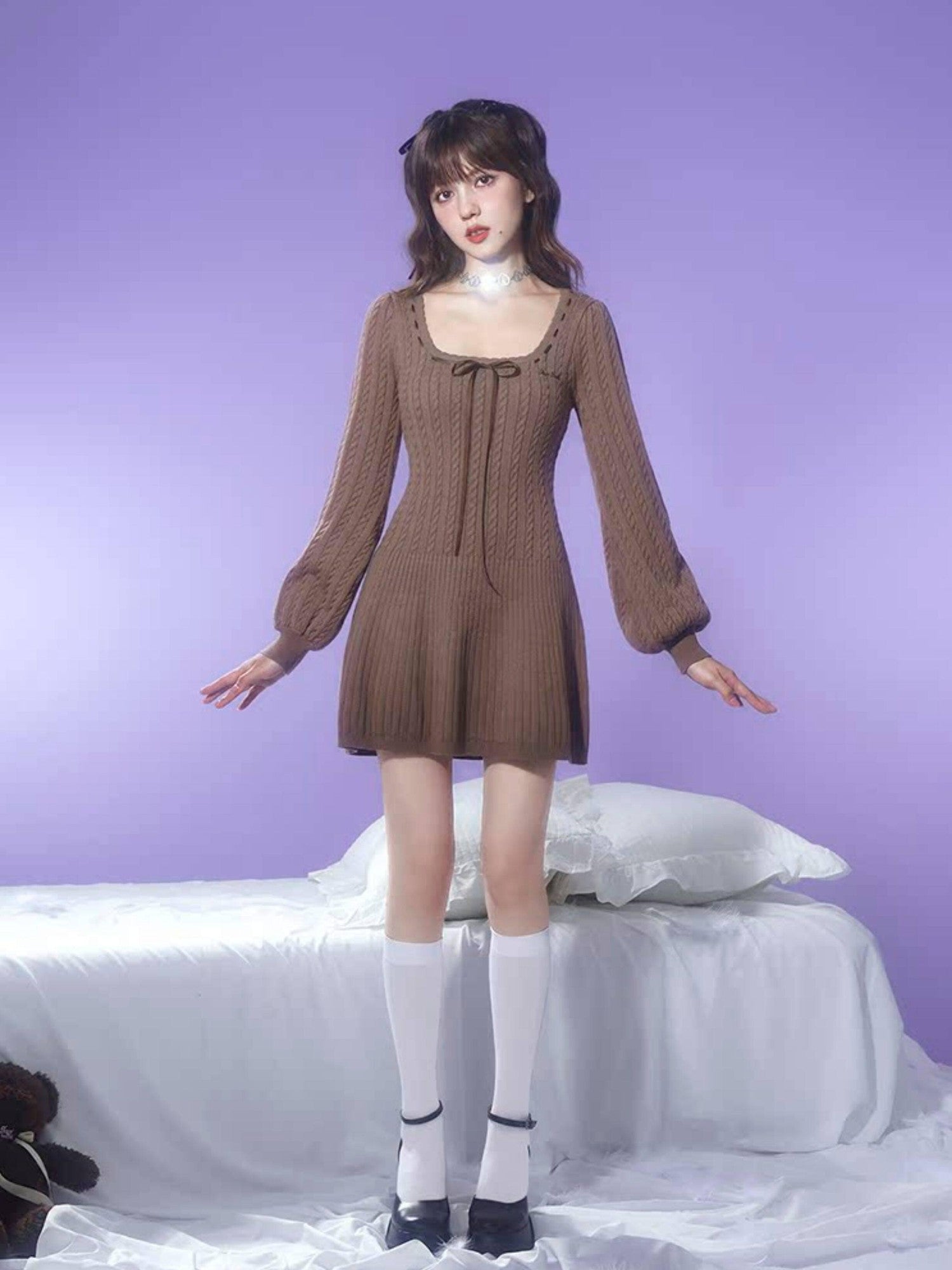 SagiDolls Square Neck Puff Sleeve Brown High Waist Women's Knit Corset Mini Dresses