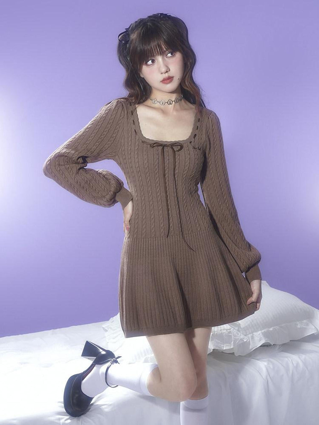 SagiDolls Square Neck Puff Sleeve Brown High Waist Women's Knit Corset Mini Dresses