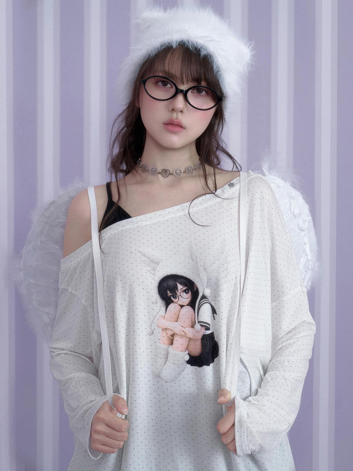 SagiDolls Star Print Asymmetric One Shoulder Loose Lyocell Women's Long Sleeve T-shirts