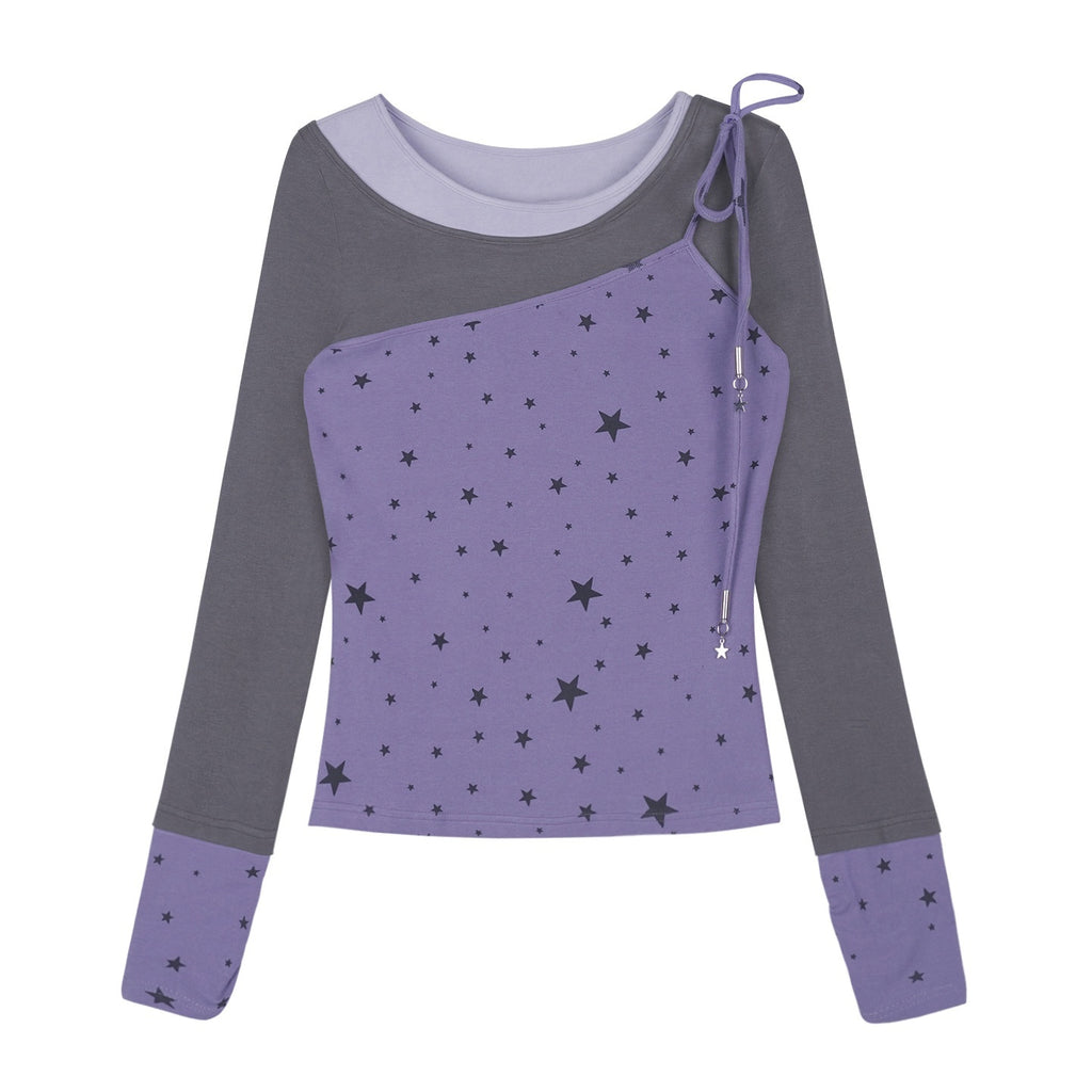 SagiDolls_Star_Print_Color_Block_Lace_Up_Women's_Long_Sleeve_T-shirts_1079110550402_MISSTT