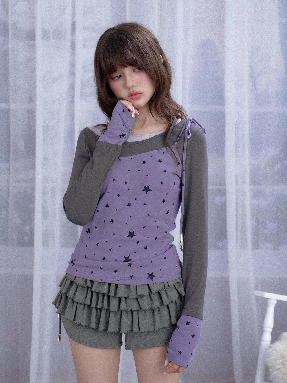 SagiDolls Star Print Color Block Lace Up Women's Long Sleeve T-shirts