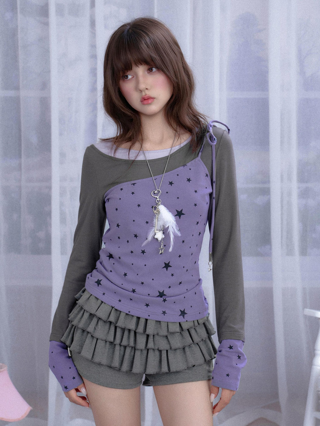 SagiDolls Star Print Color Block Lace Up Women's Long Sleeve T-shirts