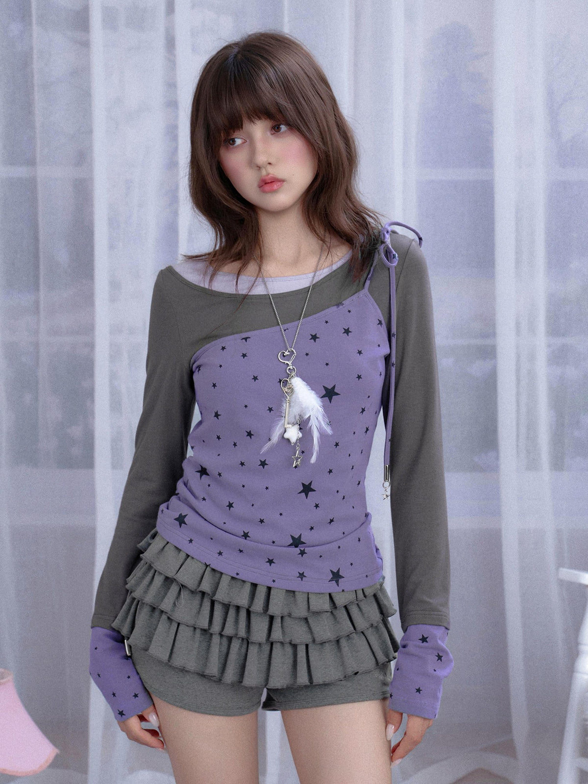 SagiDolls Star Print Color Block Lace Up Women's Long Sleeve T-shirts