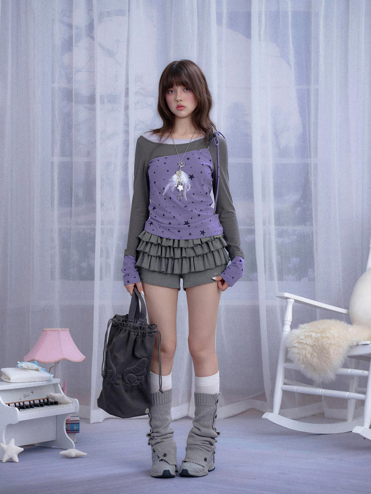 SagiDolls Star Print Color Block Lace Up Women's Long Sleeve T-shirts