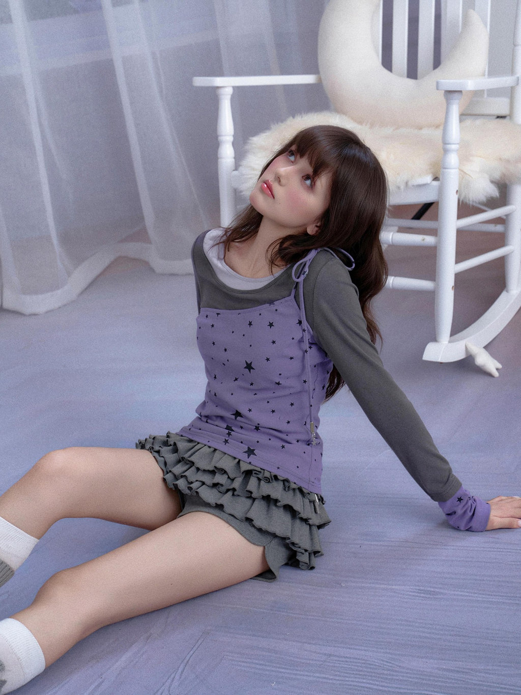 SagiDolls Star Print Color Block Lace Up Women's Long Sleeve T-shirts