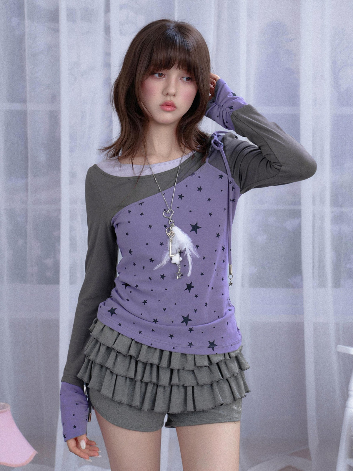 SagiDolls Star Print Color Block Lace Up Women's Long Sleeve T-shirts