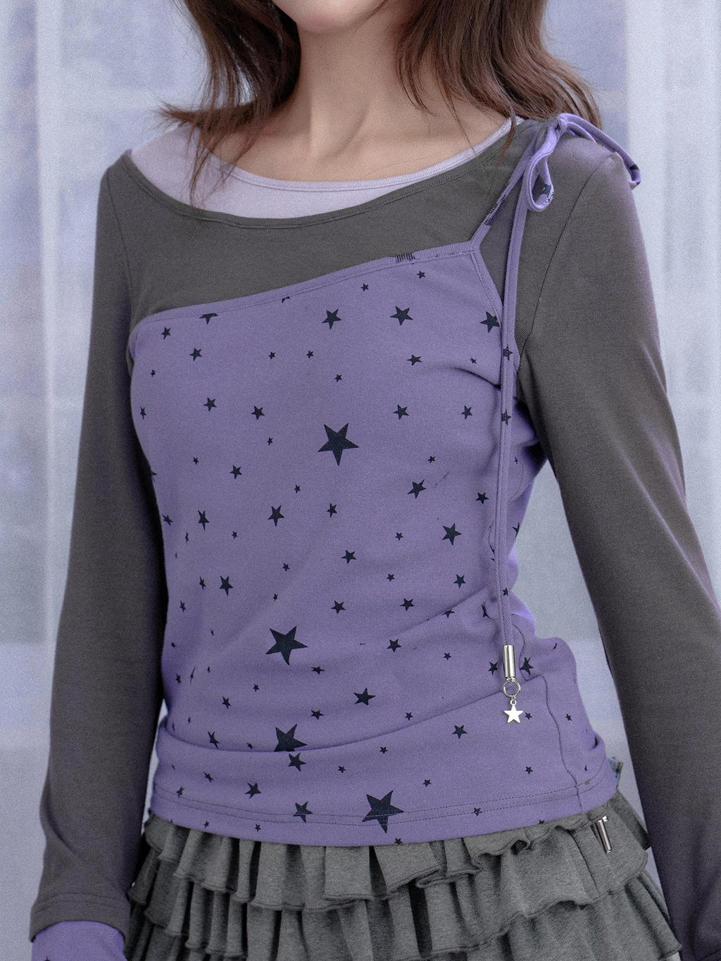SagiDolls Star Print Color Block Lace Up Women's Long Sleeve T-shirts
