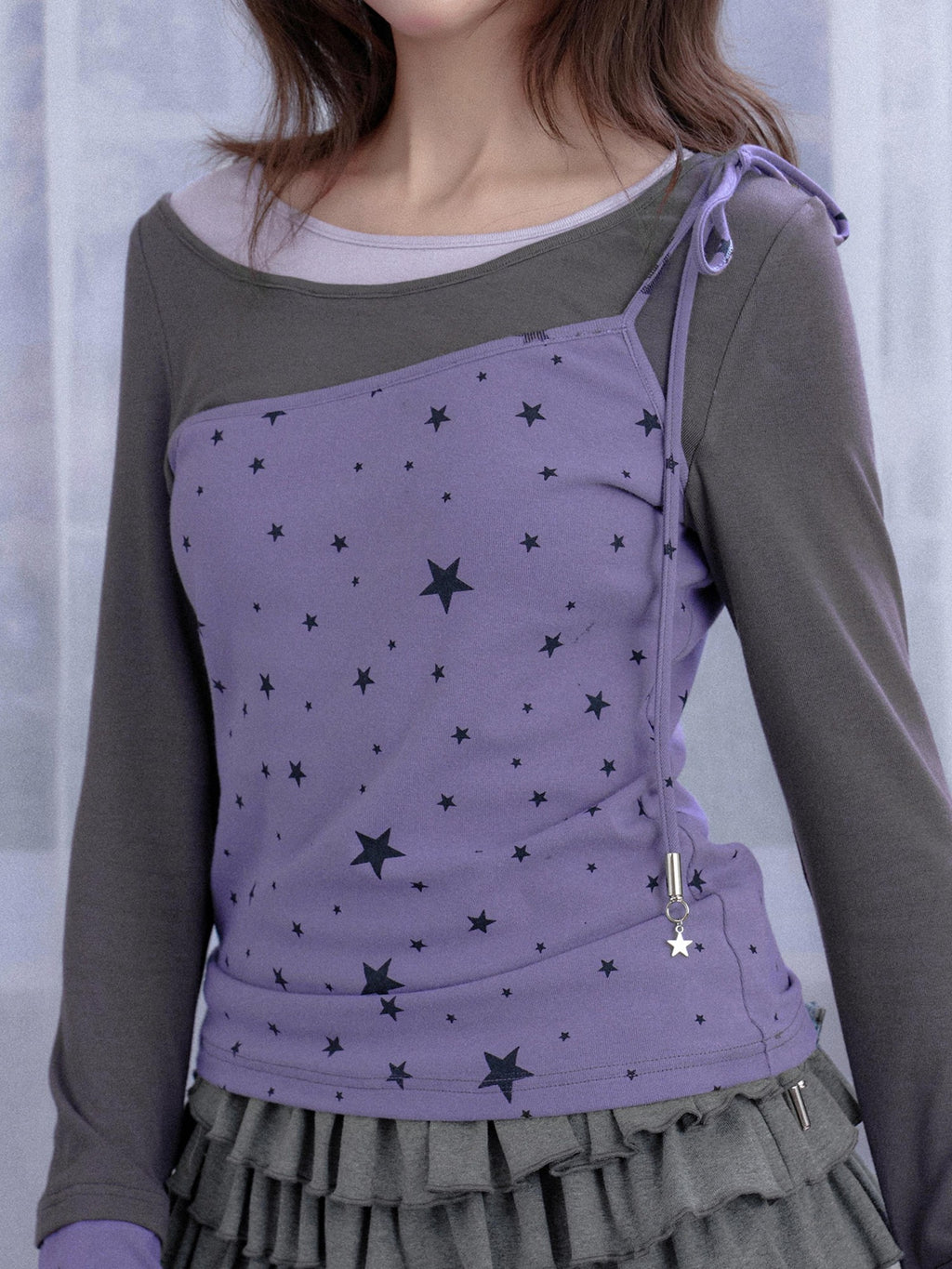 SagiDolls Star Print Color Block Lace Up Women's Long Sleeve T-shirts