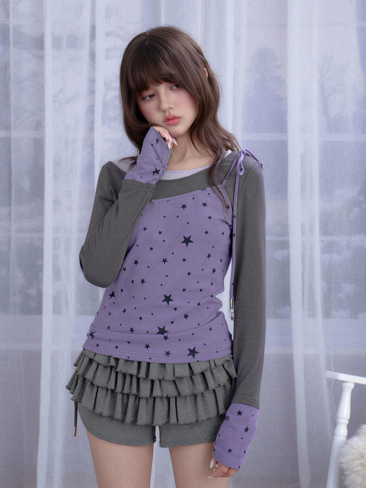 SagiDolls Star Print Color Block Lace Up Women's Long Sleeve T-shirts