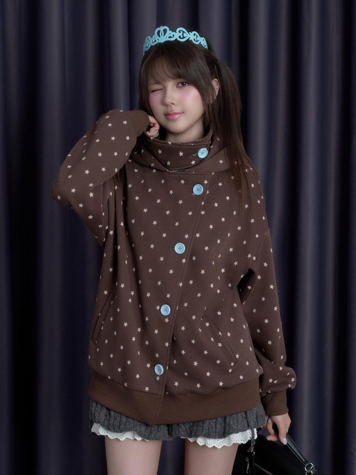 SagiDolls Star Print Fleece Lined Stand Collar Women's Cotton Zip-up Hoodies