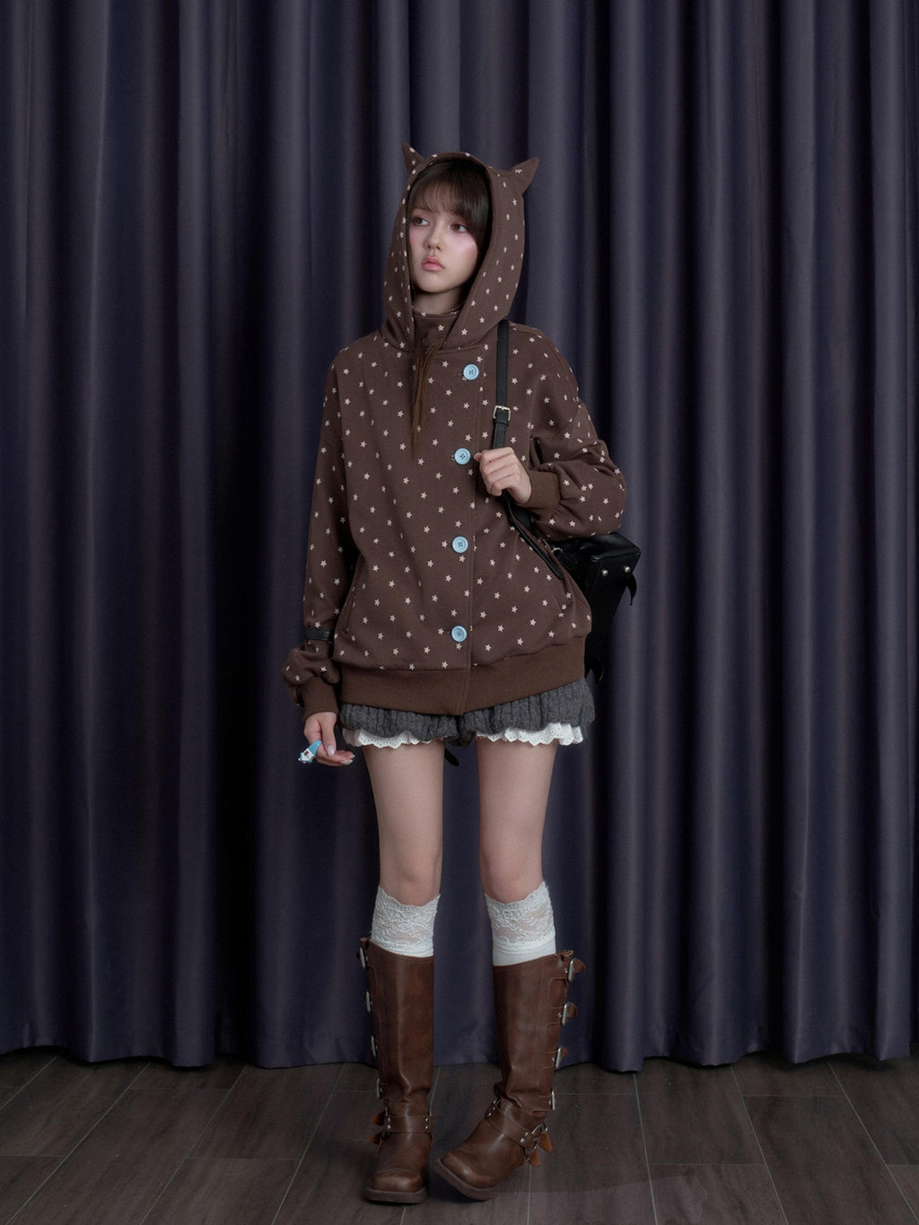 SagiDolls Star Print Fleece Lined Stand Collar Women's Cotton Zip-up Hoodies