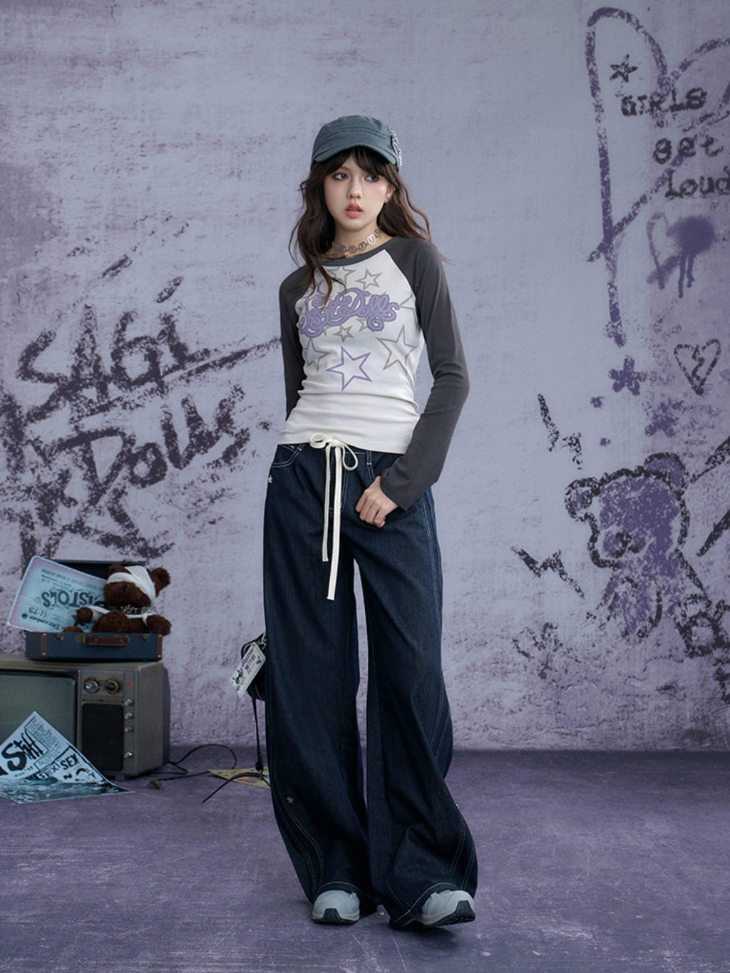 SagiDolls Star Print Patchwork Raglan Women's Cotton Stretch Long Sleeve T-shirts