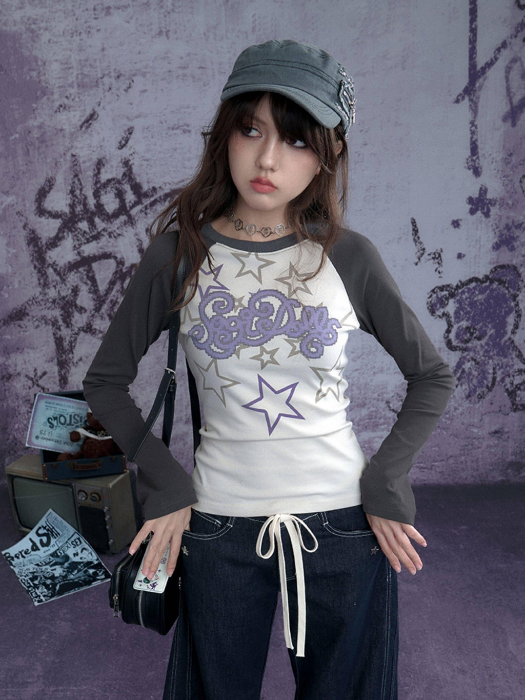 SagiDolls Star Print Patchwork Raglan Women's Cotton Stretch Long Sleeve T-shirts