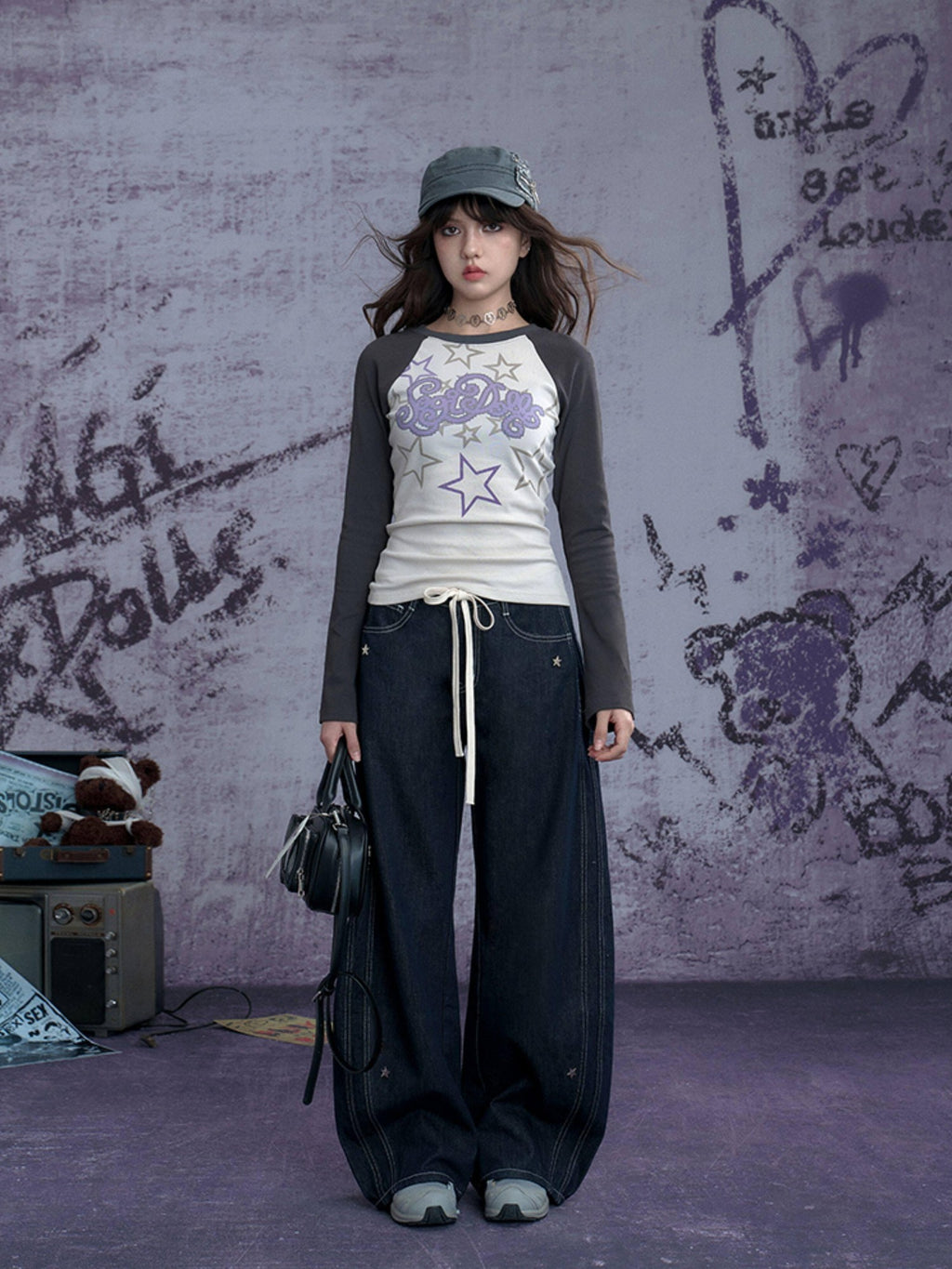 SagiDolls Star Print Patchwork Raglan Women's Cotton Stretch Long Sleeve T-shirts